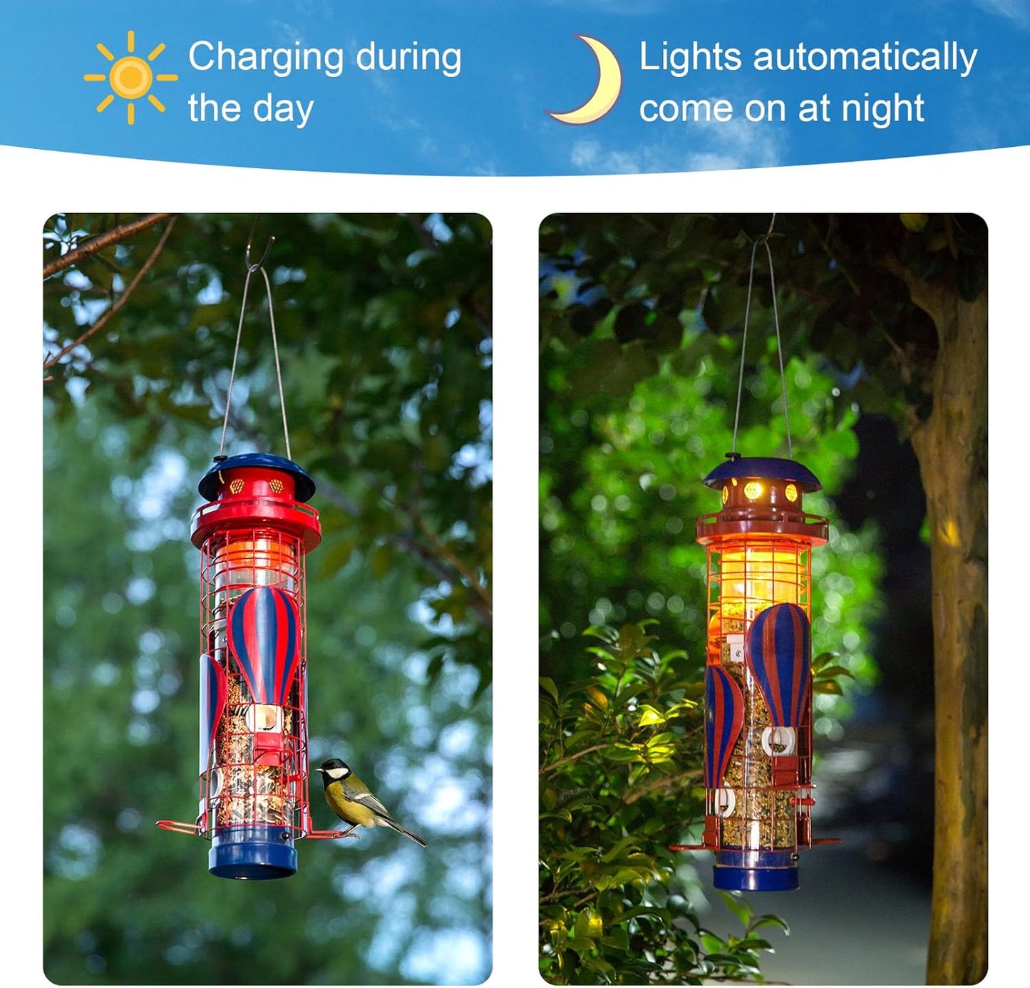 Solar Metal Bird Feeder for Outdoors Hanging Squirrel Proof Wild Bird Feeders, Durable & Chew-Proof Cardinals Feeders, Gifts for Bird Lovers, Garden Decoration