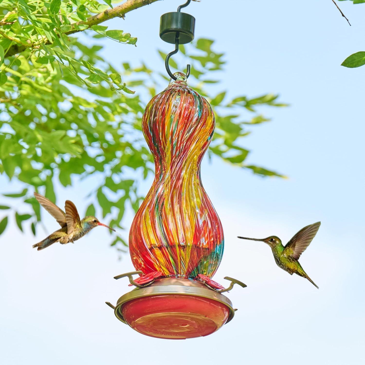 Hummingbird Feeder for Outdoors Hanging, Hand Blown Glass 24 OZ Capaci