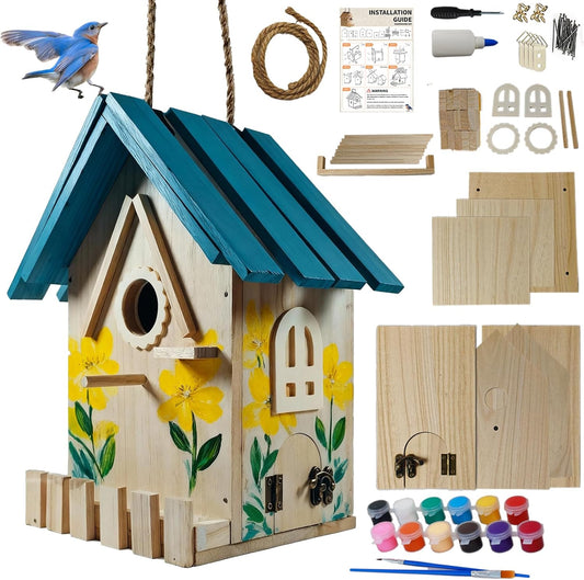 Wooden Bird Houses Kit for Kids and Adults, DIY Craft for Adults with Paint Set, Art Craft Outdoor Birdhouse, Hanging Birdhouse for Garden Yard Decor (1 Pack)