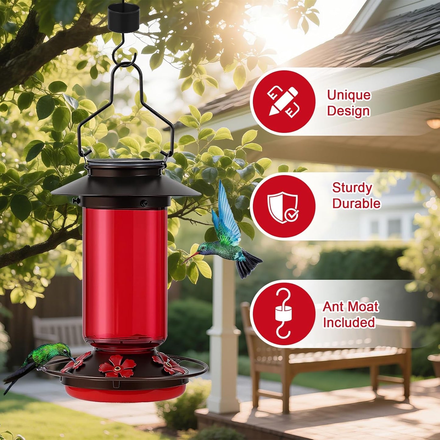 Solar Hummingbird Feeder for Outdoors Hanging Glass 21 Ounce with 5 Bee Guard Feeding Ports and Ant Moat, Leak-Proof, Red