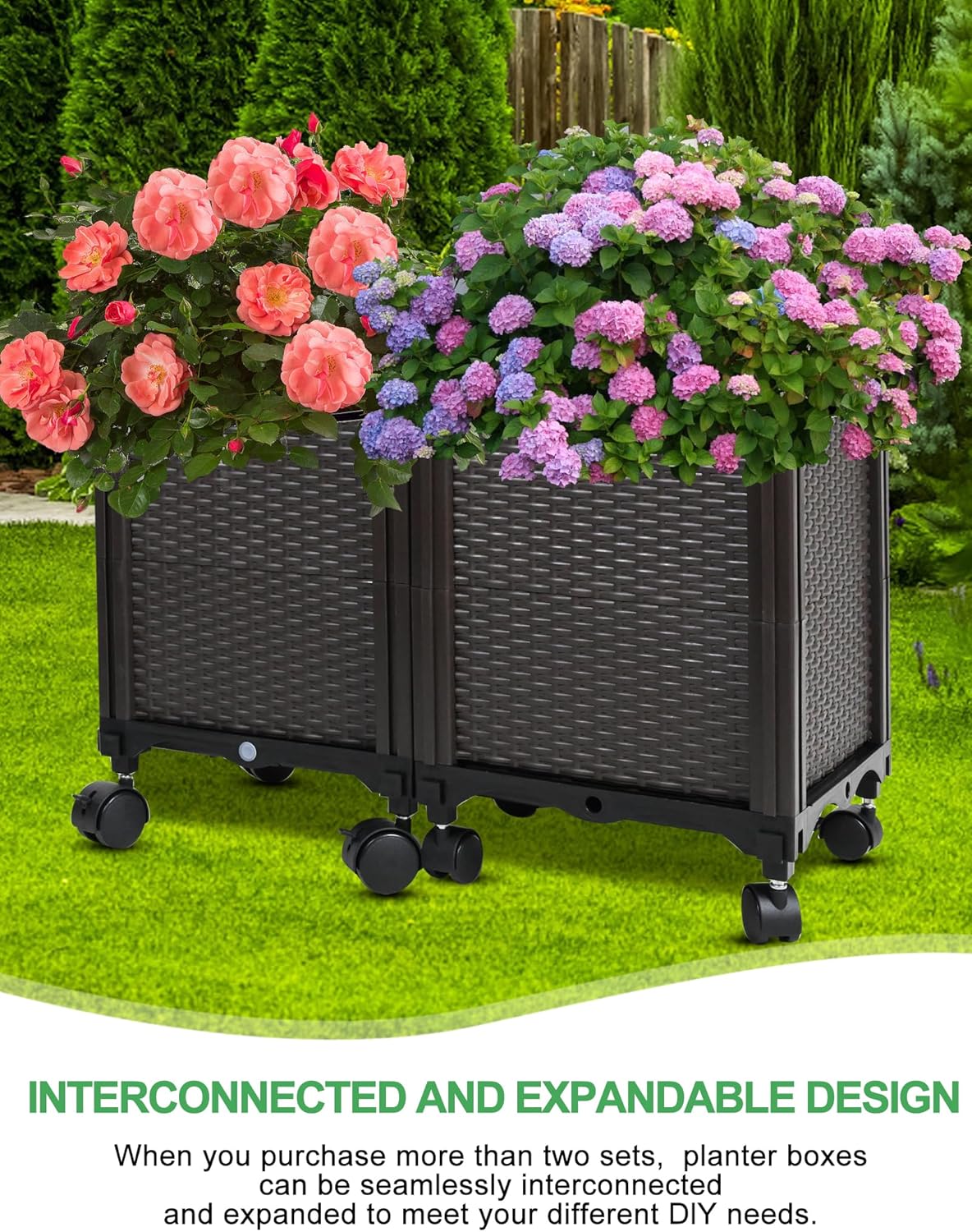 Raised Garden Bed Planter Box with Trellis, 51” Self-Watering Tomato Planter Boxes with Wheels for Climbing Plants, Tomato Cage for Patio Greenhouse Gardening Indoor Outdoor， 2 Pack