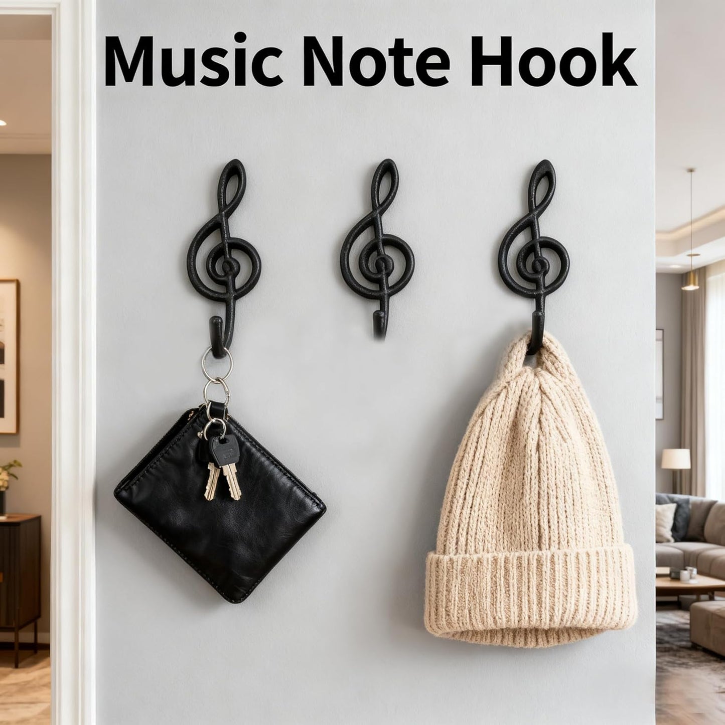 2 Pack Decorative Wall Hook, Music Note Wall Hooks, Black Cast Iron Single Hook for Home Kitchen Outdoor Garden Hanging Clothes Caps Bags Coats Daily Tools Planter, 6.3"X2.75"