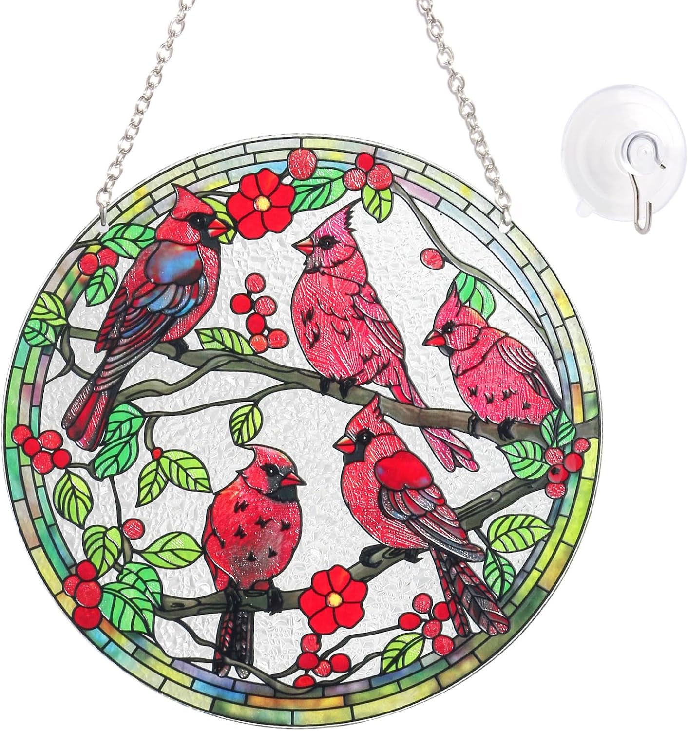 Stained Glass Window Hanging – Red Cardinal Birds Suncatcher, 6-Inch Round Glass Panel Indoor Window Art, Home and Garden Decorations, Mother's Day, Christmas, Bird Lover Giftss