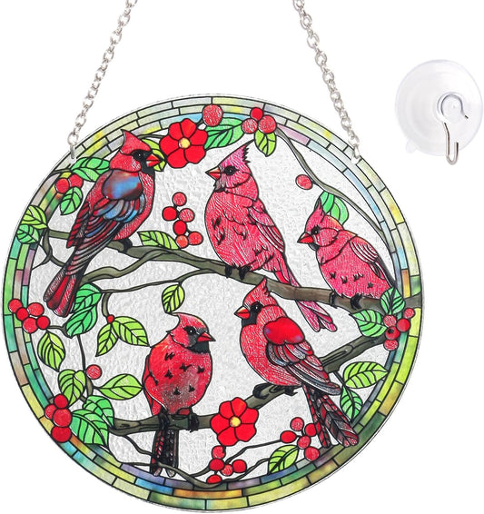 Stained Glass Window Hanging – Red Cardinal Birds Suncatcher, 6-Inch Round Glass Panel Indoor Window Art, Home and Garden Decorations, Mother's Day, Christmas, Bird Lover Giftss