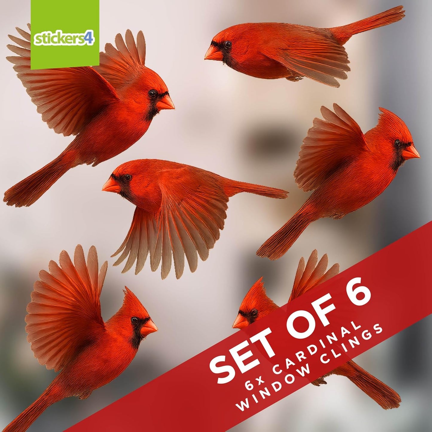 6 x Red Cardinal Window Clings - Cardinal Decor Bird Window Strike Prevention