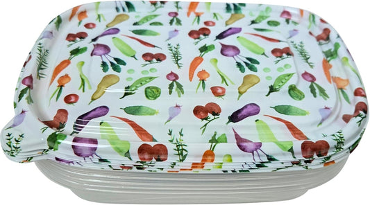 Garden Veggie Plastic Food Storage Containers, Set of 5 BPA Free Containers with Lids, 9 inches by 6 inches by 2 inches.