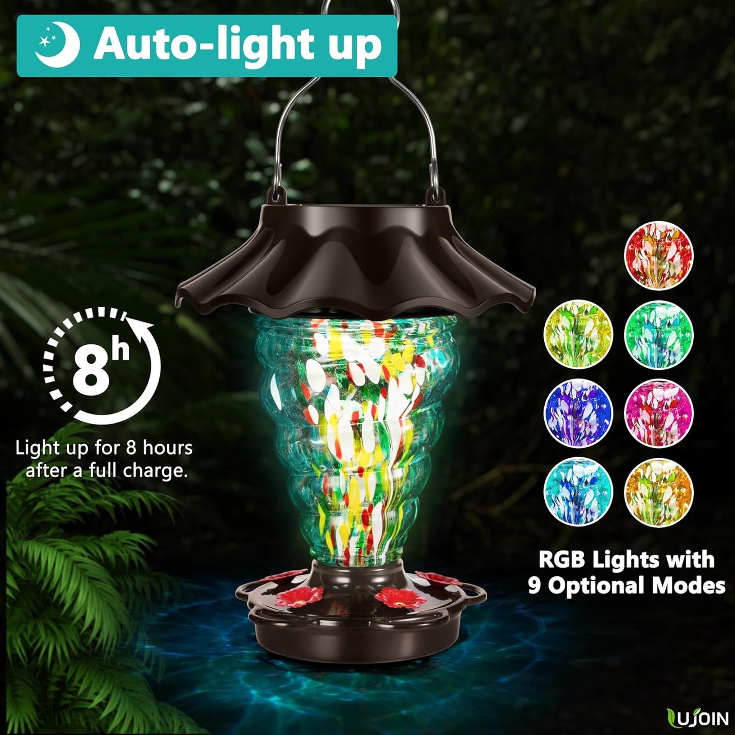 Solar Hummingbird Feeder for Outdoors Hanging, Lighted Lantern with RGB Lights, Hand Blown Glass, 28 fl.oz, Leak Proof & Rustproof, Metal Cover with 5 Feeding Ports, Spiral Shaped, Teal