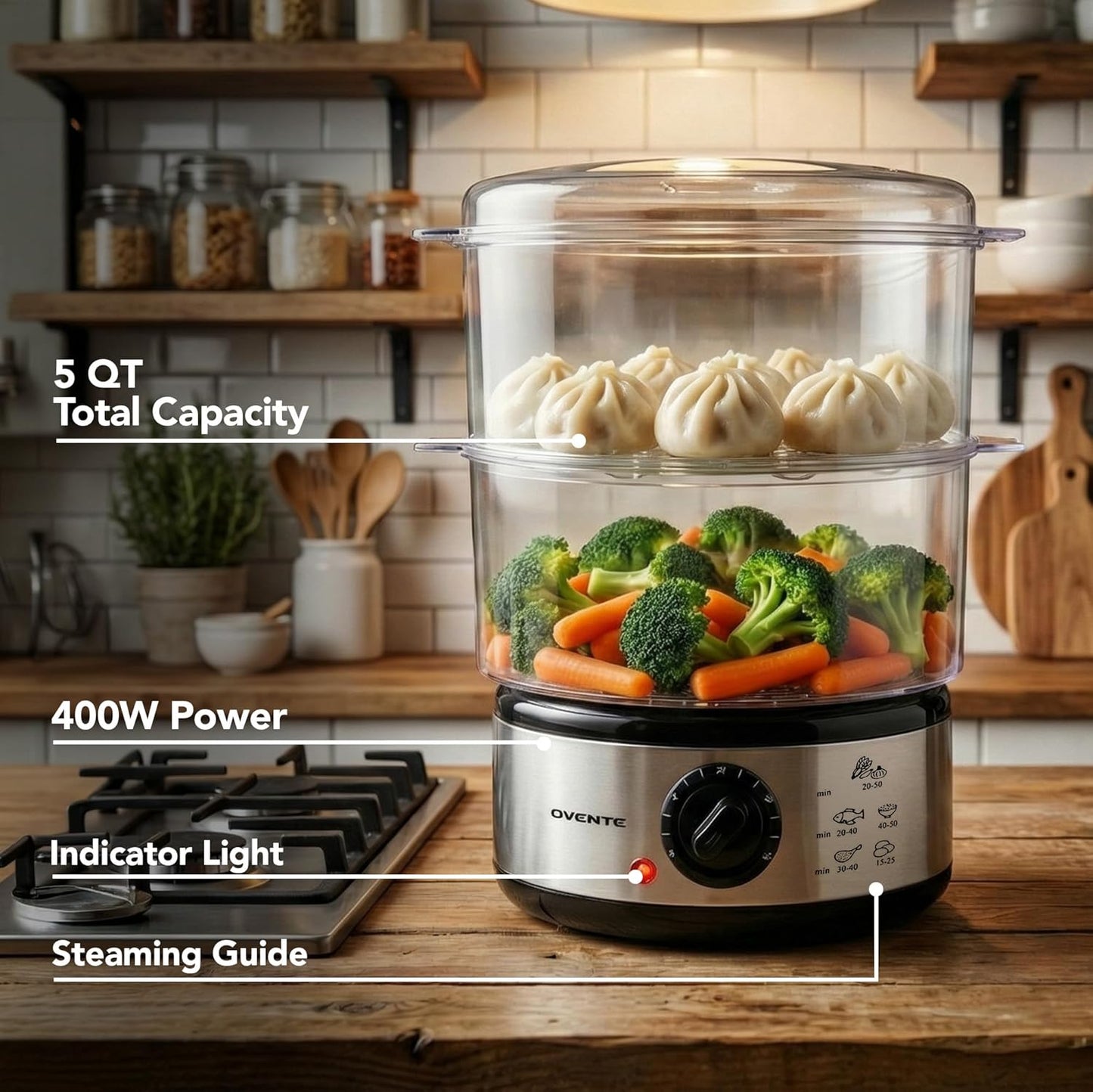 OVENTE 2-Tier Electric Food Steamer, 5 Quart Stainless Steel Stackable Steam Cooker with 400W Power, 60-Minute Timer & Auto Shut-Off, Dishwasher Safe, Healthy Vegetable & Seafood Steamer, Silver FS62S