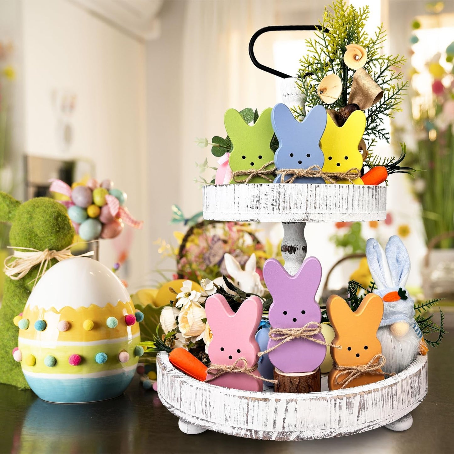 Easter Bunny Decorations for Home Table,6 PCS Spring Wooden Peeps Centerpiece Signs Decor with Hemp Rope for Indoor Office Tiered Tray,Easter Basket Stuffers Wood Gifts Stuff for Mantel Shelf Bathroom