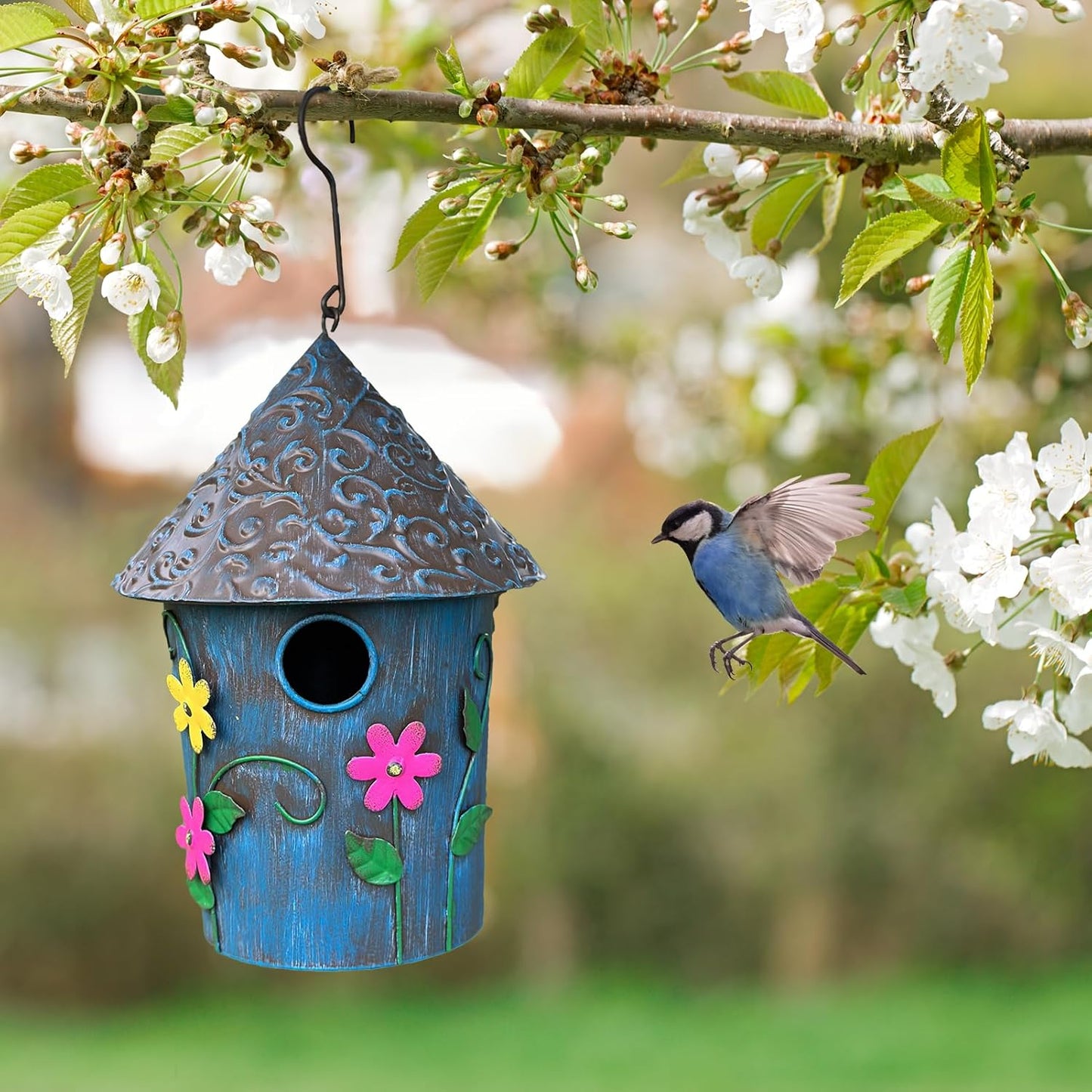 9.25" H Metal Hanging Decorative Birdhouse for Hummingbird with Paint - Bird Houses for Outside, Birdhouses for Outdoors, Bluebird Houses for Outside for Yard, Garden, Backyard. (Blue)