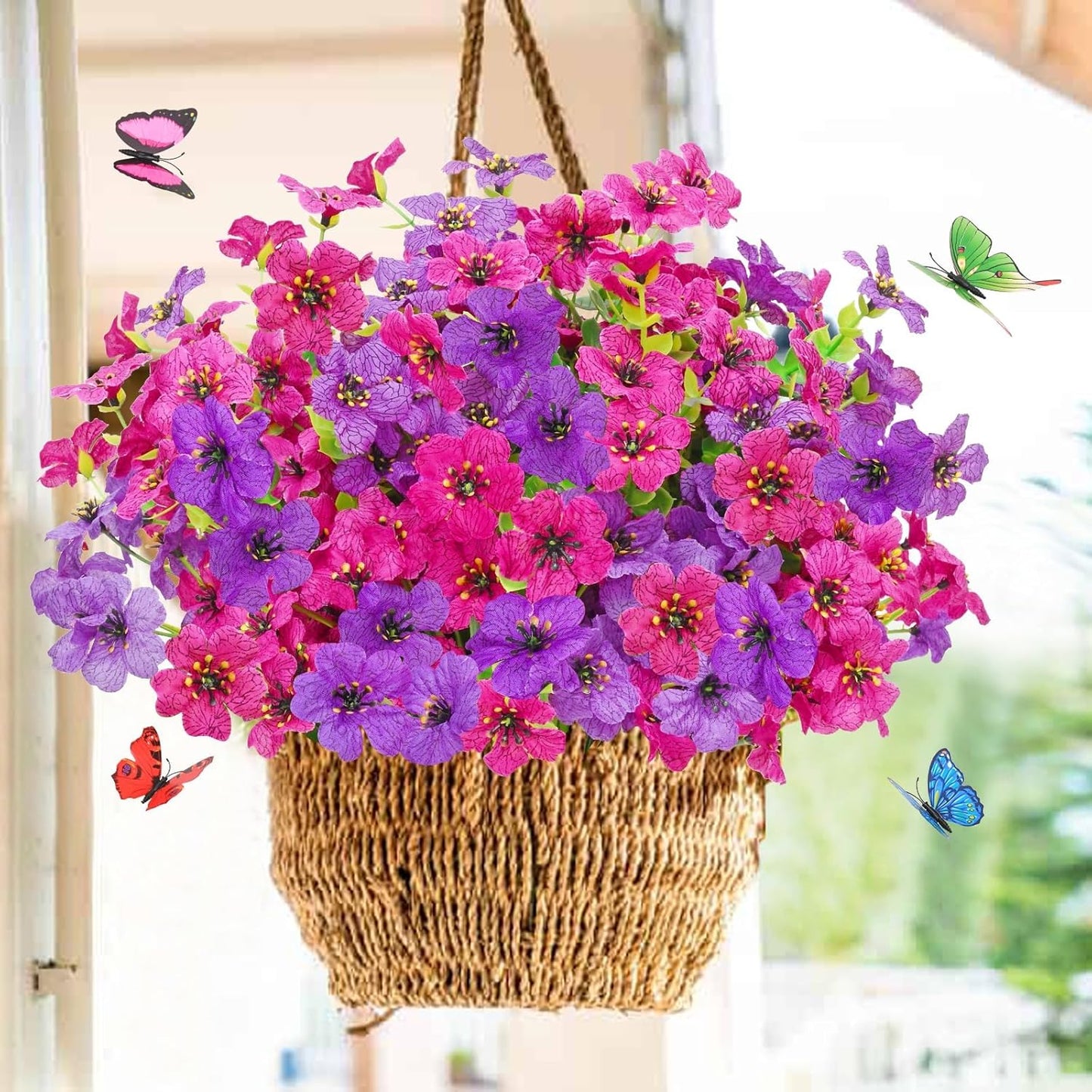 Yastouay 24 Bundles Artificial Flowers for Outdoors, UV Resistant Artificial Outdoor Flowers No Fade Fake Outdoor Flowers Plants for Garden Porch Window Box Pot Planters Decor (Fuchsia+Rose Red)