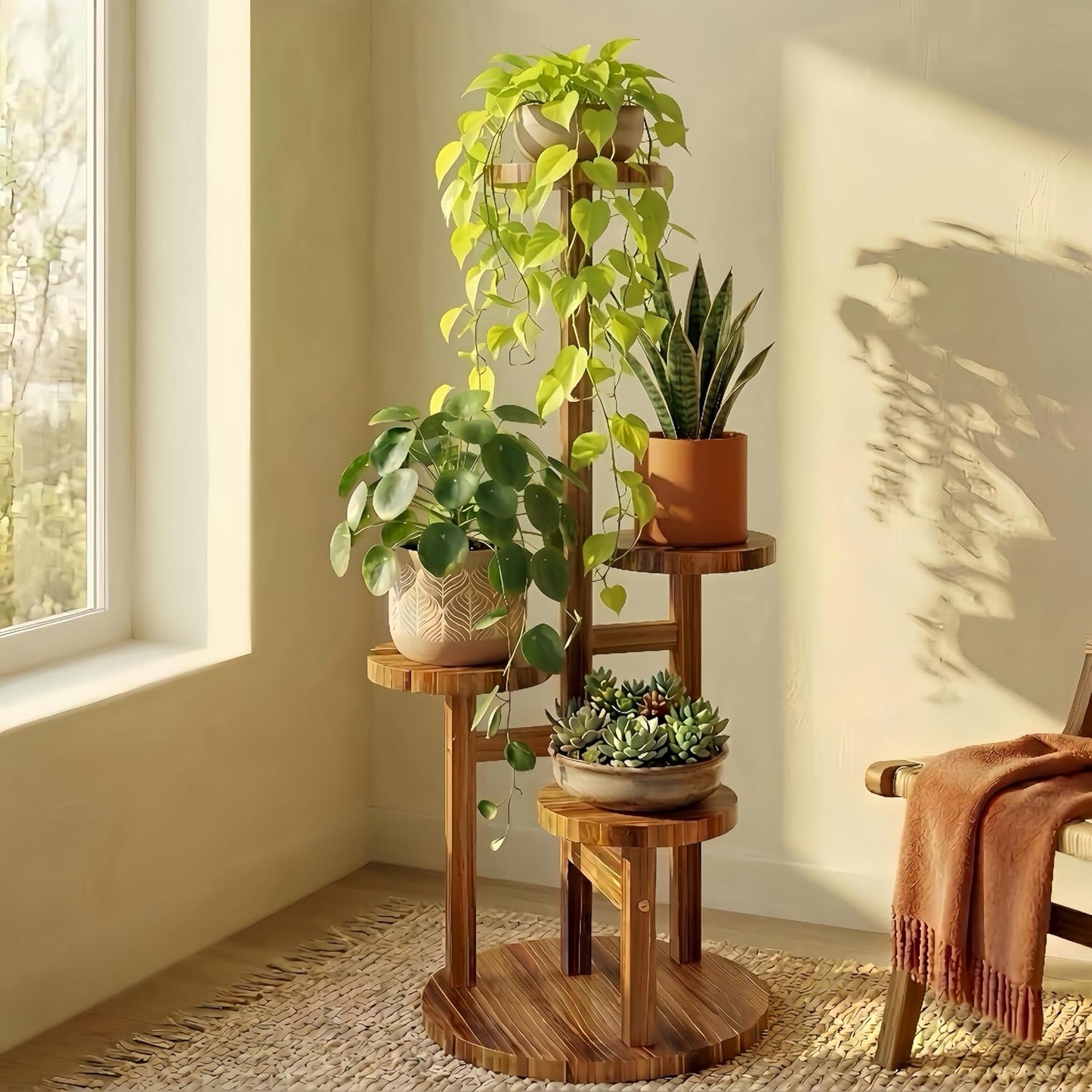 Bamworld Plant Stand Indoor Plant Shelf 4 Tier Wood Plant Stand for Mu