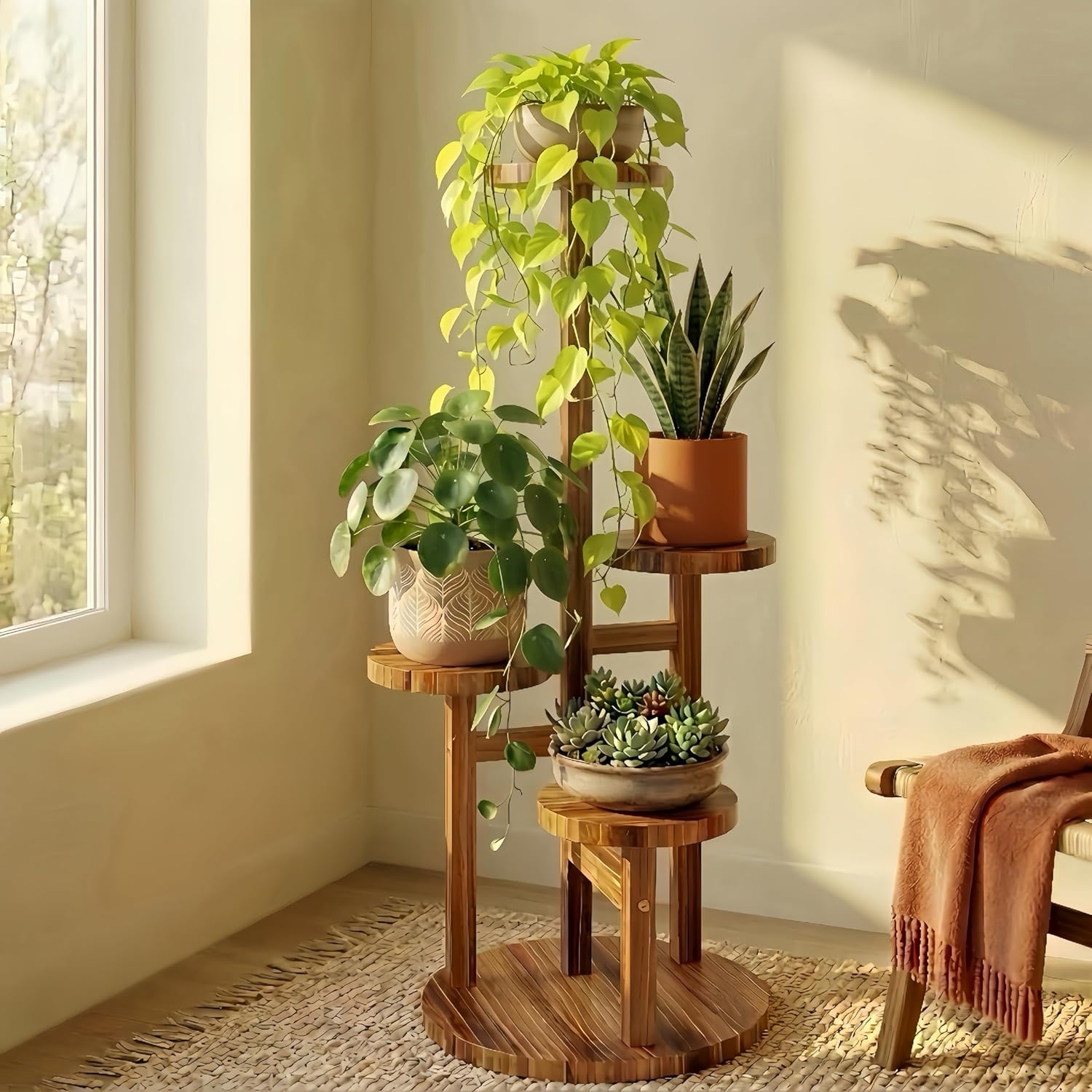 Bamworld Plant Stand Indoor Plant Shelf 4 Tier Wood Plant Stand for Mu