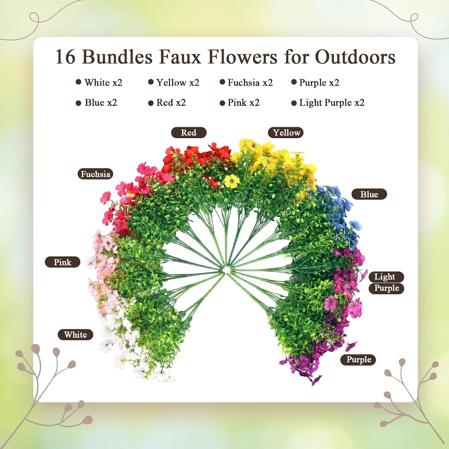 Artificial Flowers for Outdoors, 16 Bundles UV Resistant Fake Outdoor 