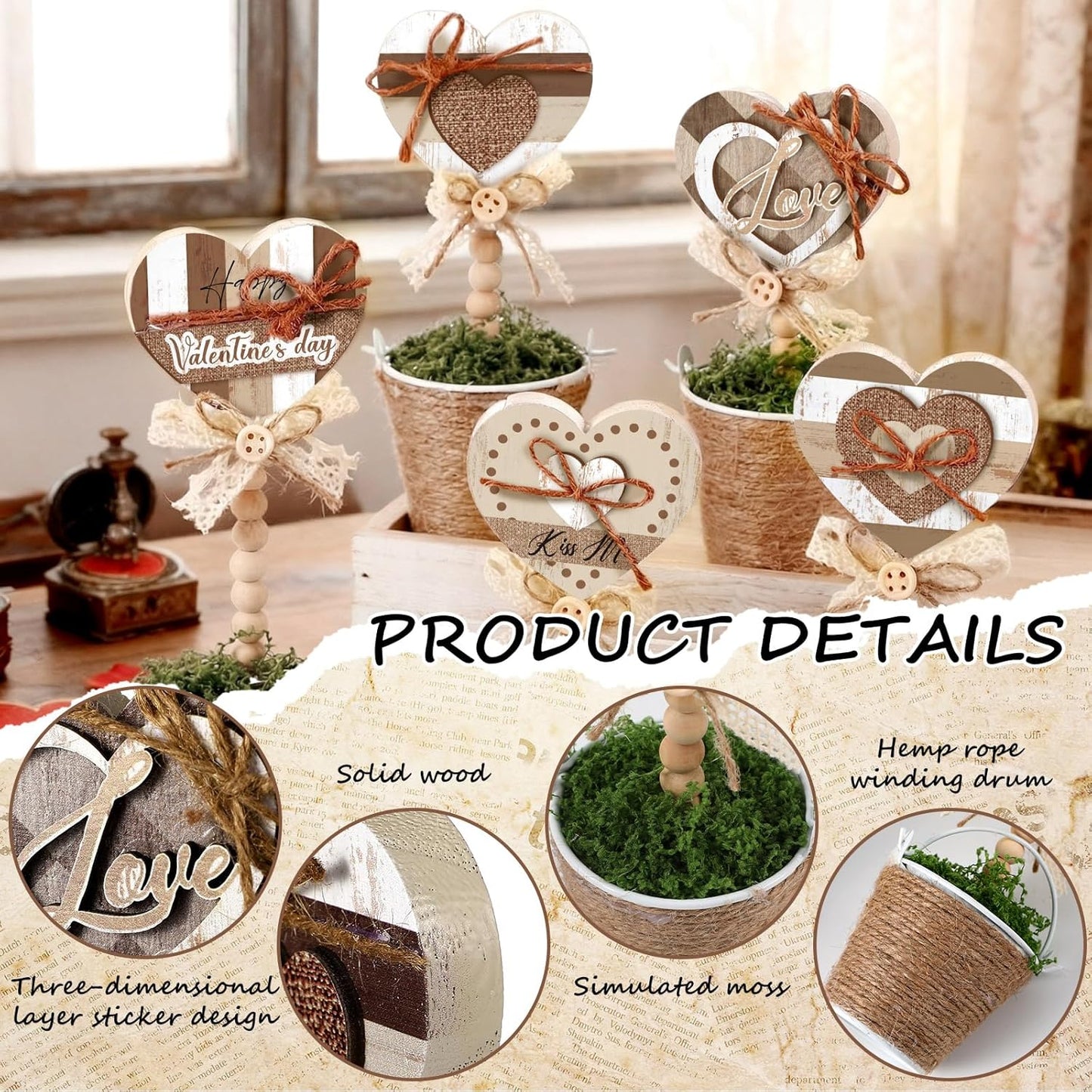 Kathfly 5 Pcs Valentine's Day Rustic Decor Heart Mini Potted Wooden Sign Boho Farmhouse Plant Pot Tabletop Centerpiece Tiered Tray Home Decor Gifts for Women Party Table