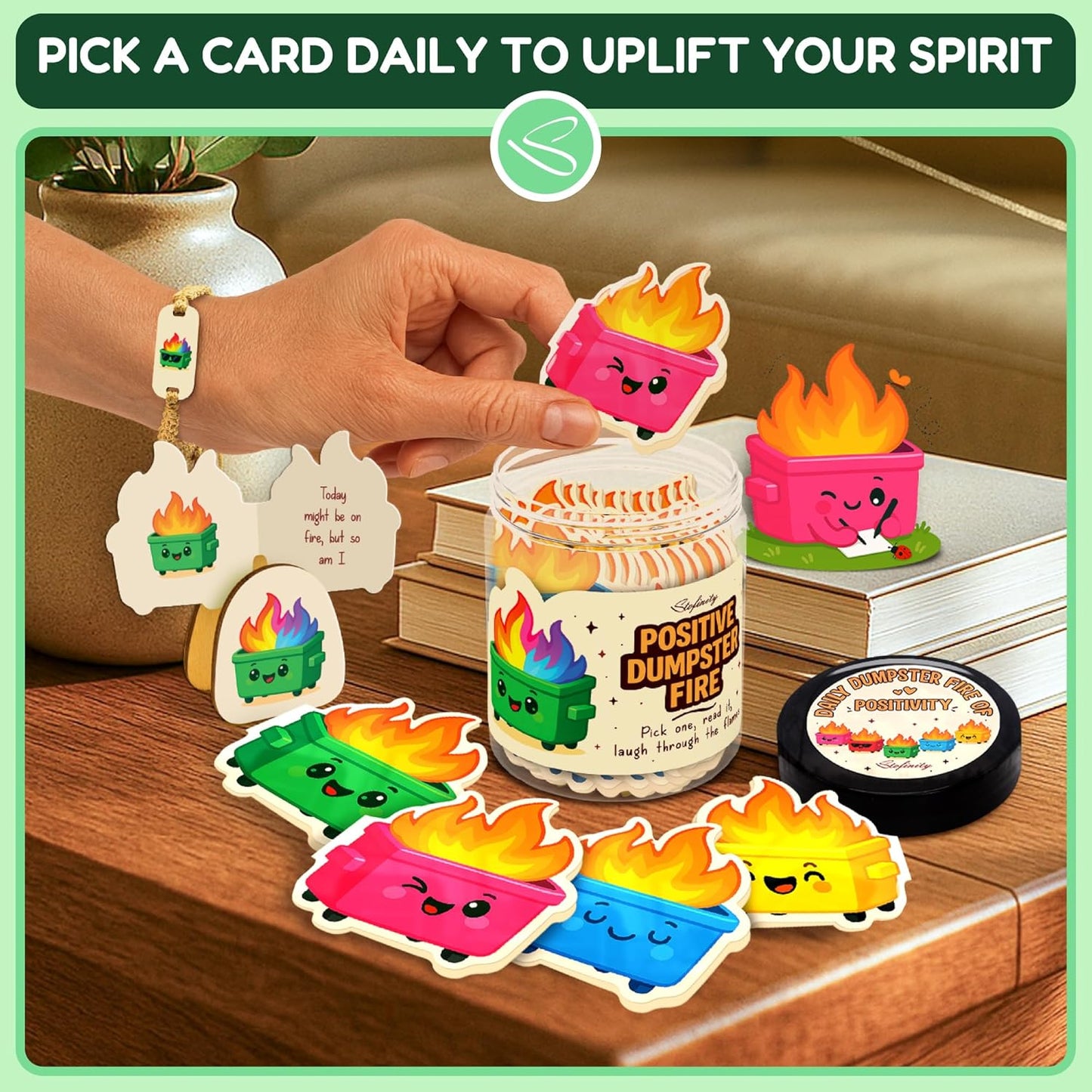 60 Positive Dumpster Fire Cards, Zen Garden Dumpster Fire Desk Accessories, Funny Coworker Gifts For Women, Cute Valentine Gifts For Coworkers, Friend, Daily Affirmation Jar For Office Decor