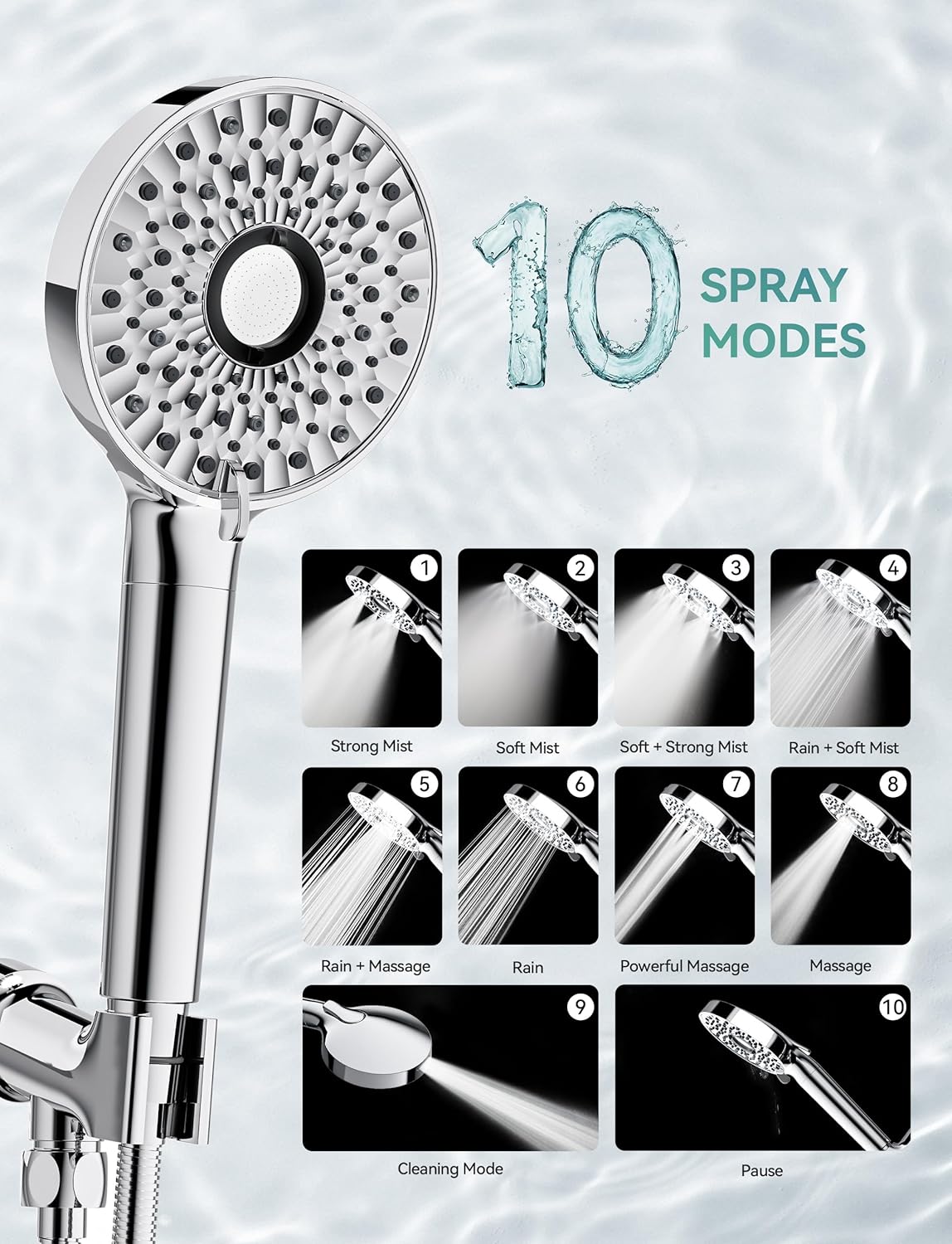Filtered Shower Head with Handheld, High Pressure 10-Spd Detachable Chrome Showerhead with Stainless Hose, Water Softener Filter Beads for Hard Water - Remove Chlorine, Reduce Dry Itchy Skin
