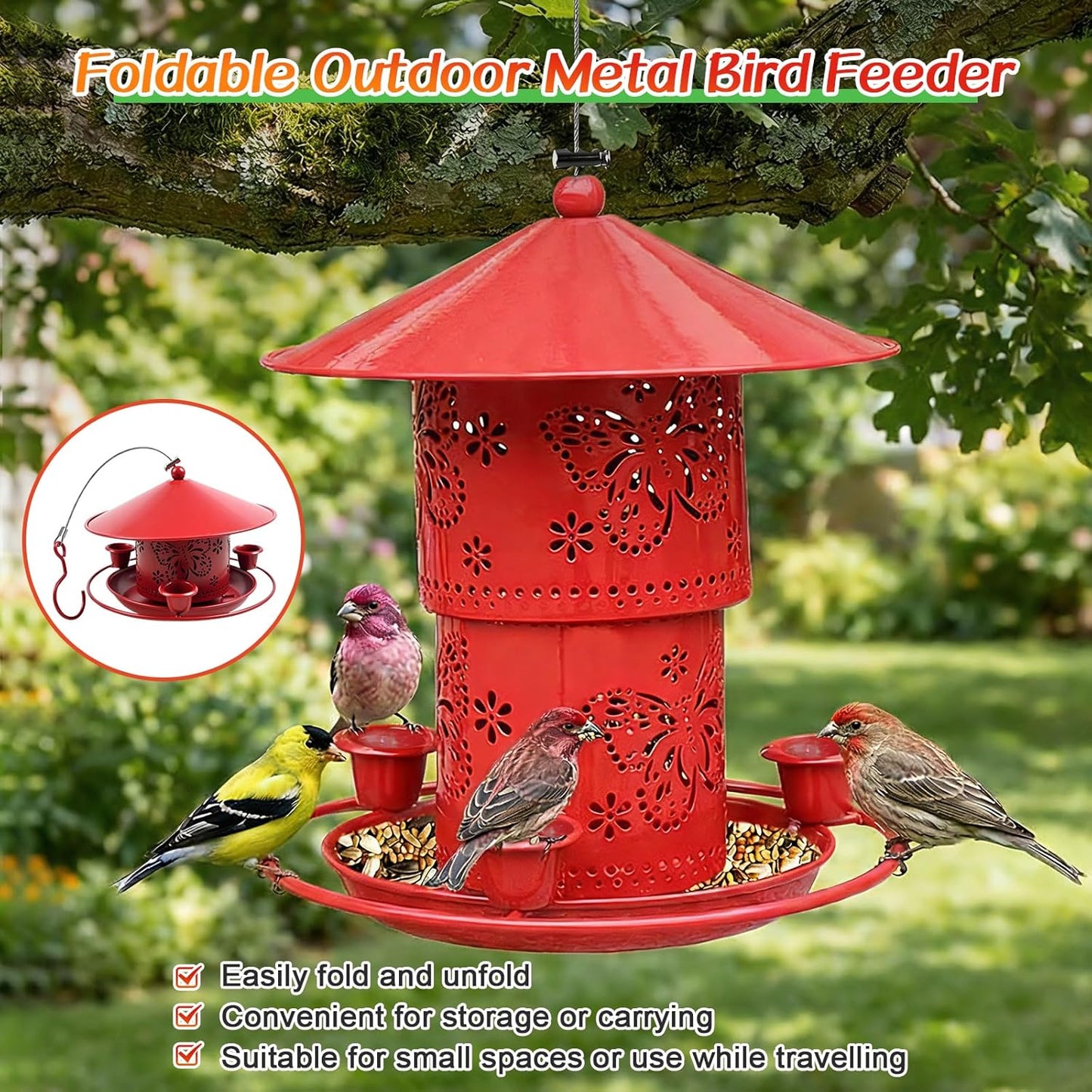 MIGHTYDUTY Wild Bird Feeders Hanging Squirrel Proof Bird Feeder 50 Ounces Large Capacity Foldable Metal Bird Seed Feeders with 3 Water Cups for Small Birds for Outdoors Garden Backyard (Red)