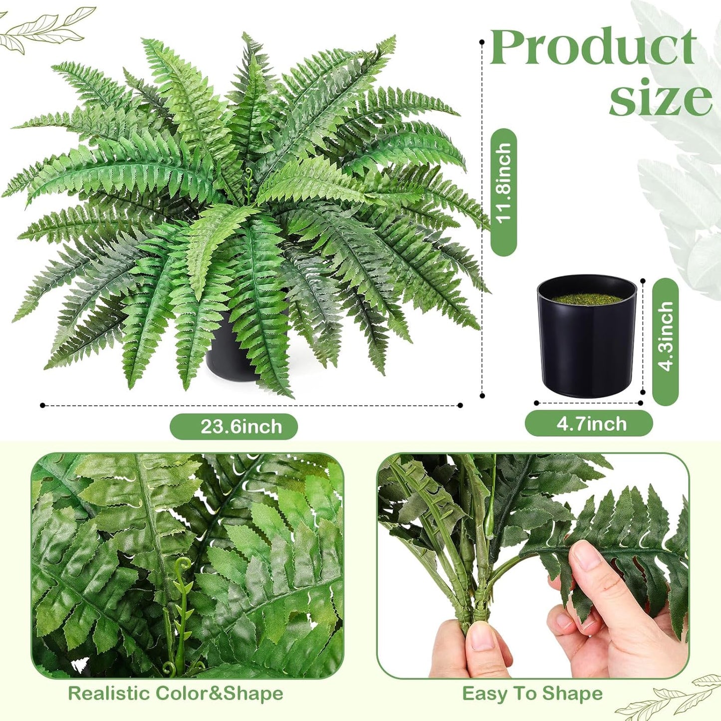 23.6'' Fake Ferns Potted Plant, Artificial Boston Ferns in Pot 34 Leaves, Faux Boston Bush Artificial Greenery for Outdoor Indoor Patio Garden Farmhouse Windowsill Porch Home Decor