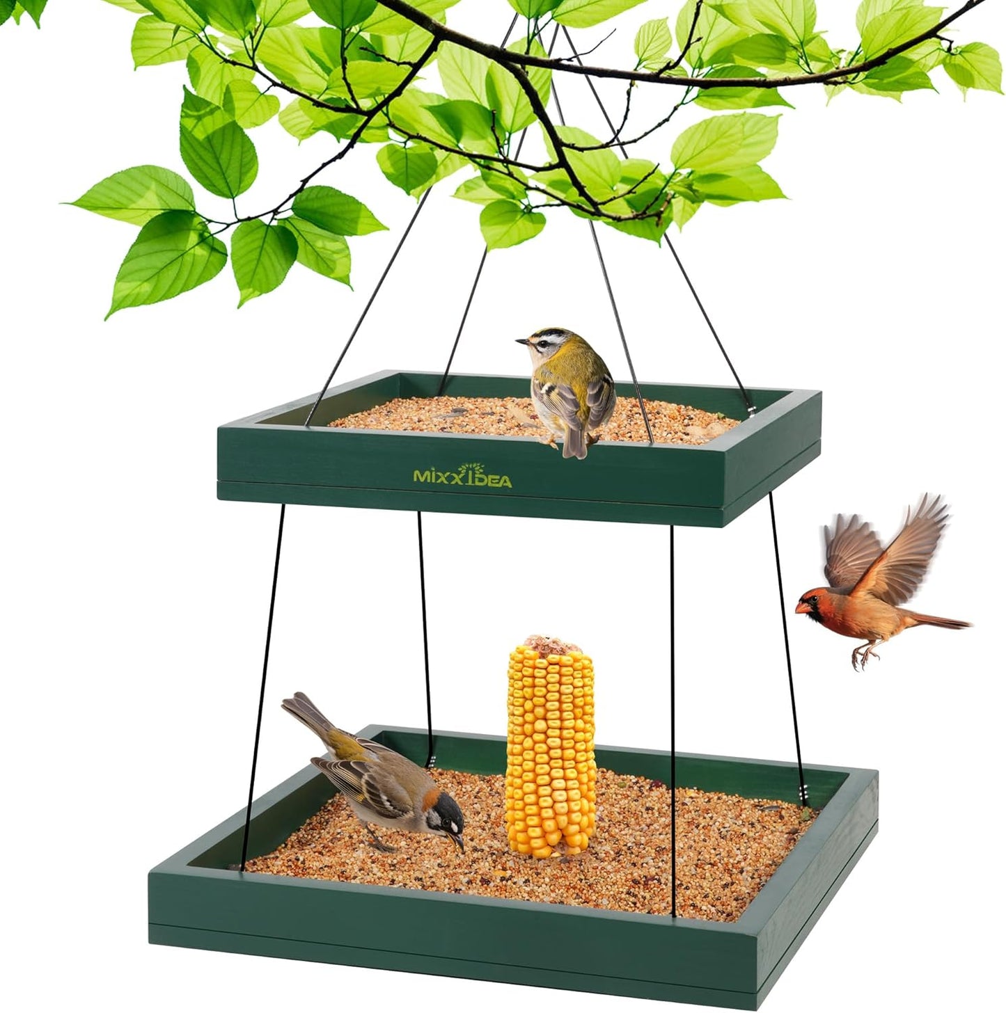 MIXXIDEA Bird Feeder Hanging Tray, 2-Tier Bird Feeders for Outdoors, Wooden Seed Tray Platform Mesh Seed Platform for Outside Garden Yard Decoration Attracting for Wild Birds (Green)