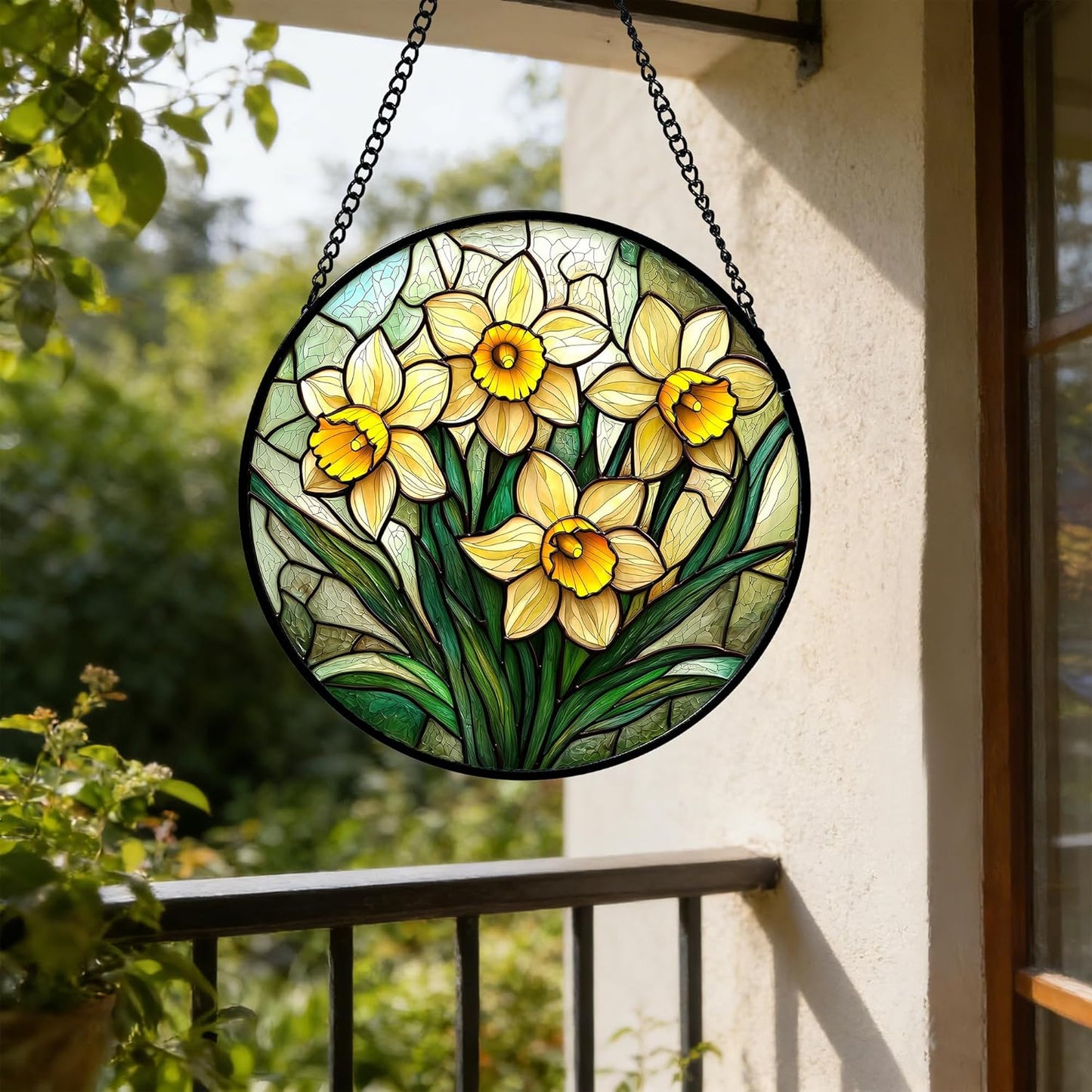Stained Glass Window Hanging, Daffodil Plant Flowers Sun Catchers Diamond Glass Panel Hangings Suncatcher Decor for Birthday for Women, Men, Wife, Aunt, and Mom 6.3 in