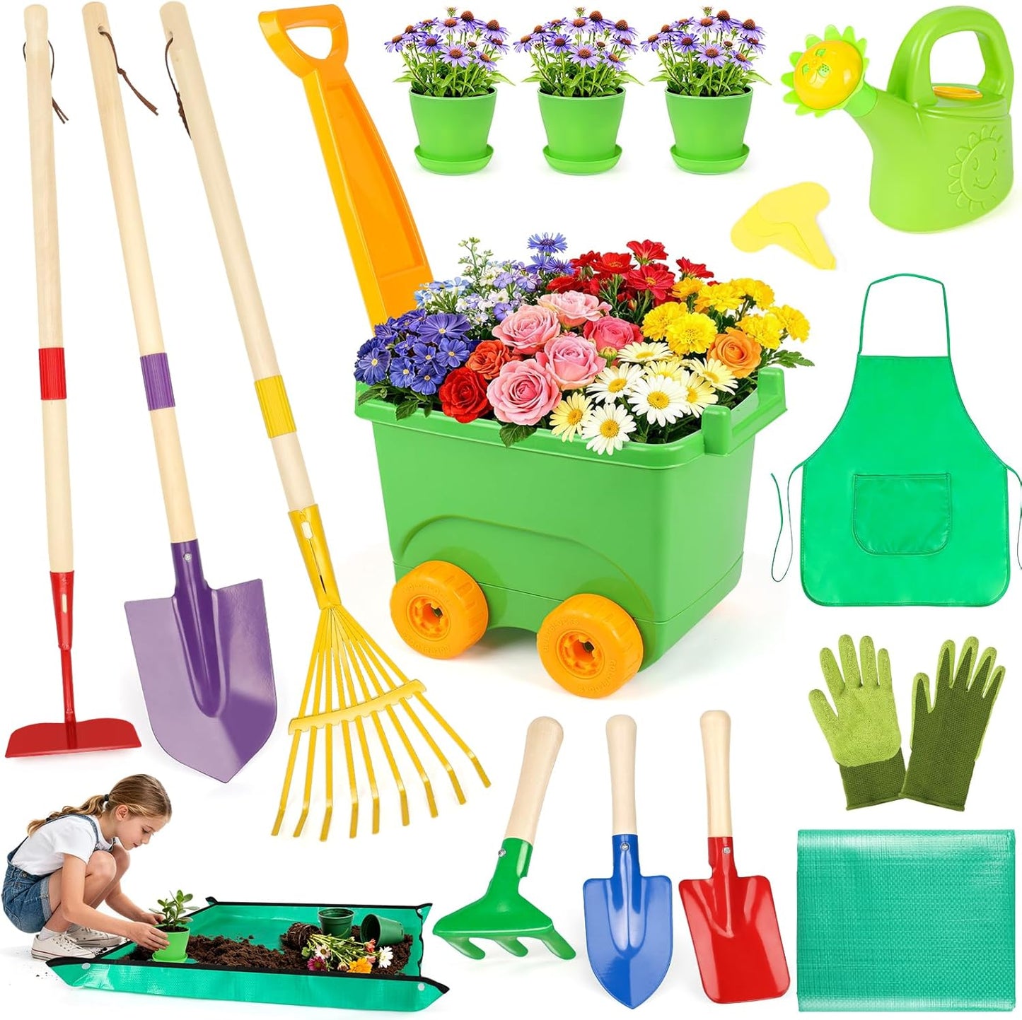 Kids Gardening Set, Outdoor Toys with Wheelbarrow and Kids Garden Tool