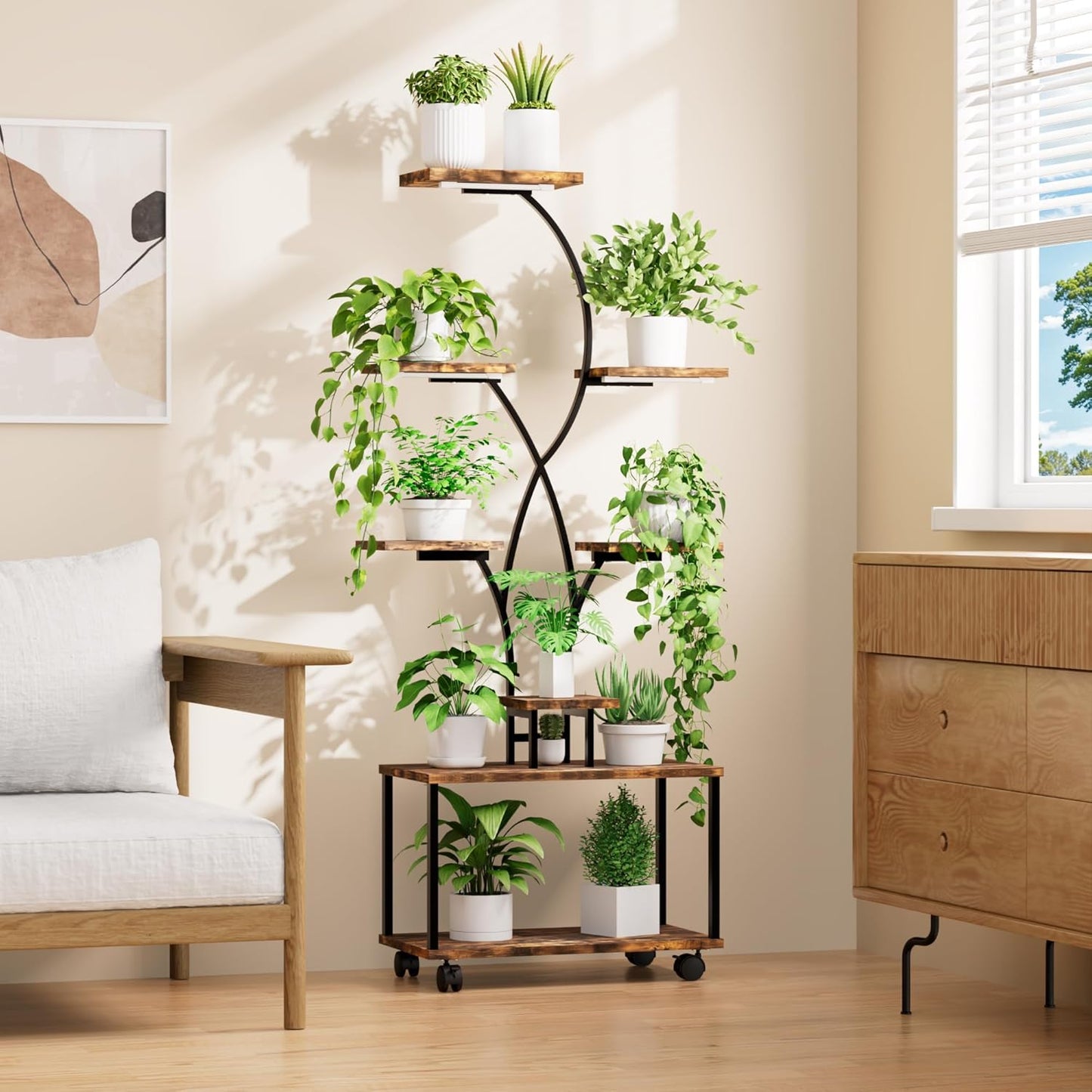 Plant Stand Indoor with Grow Lights, 8 Tiered Metal Plant Shelf with Wheels, 58" Tall Corner Plant Stand Flower Display Rack Holder for Living Room, Patio