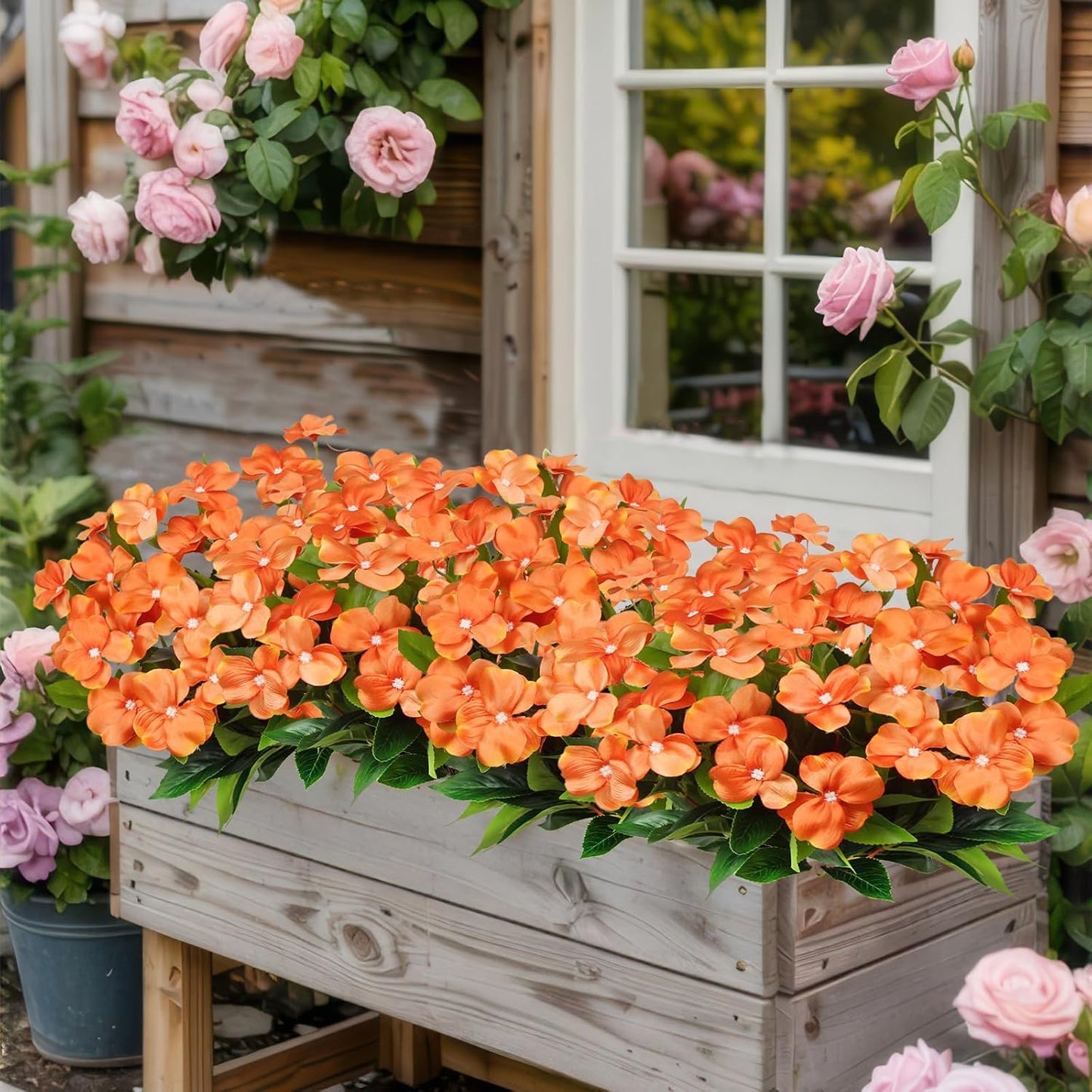 2 Pcs Artificial Impatiens Flowers for Outdoors Silk Flowers Bushes Greenery Bouquet Orange Faux Impatiens for Outdoor Planters Patio Lawn Garden Pot Hanging Basket Porch Home Fall Decoration