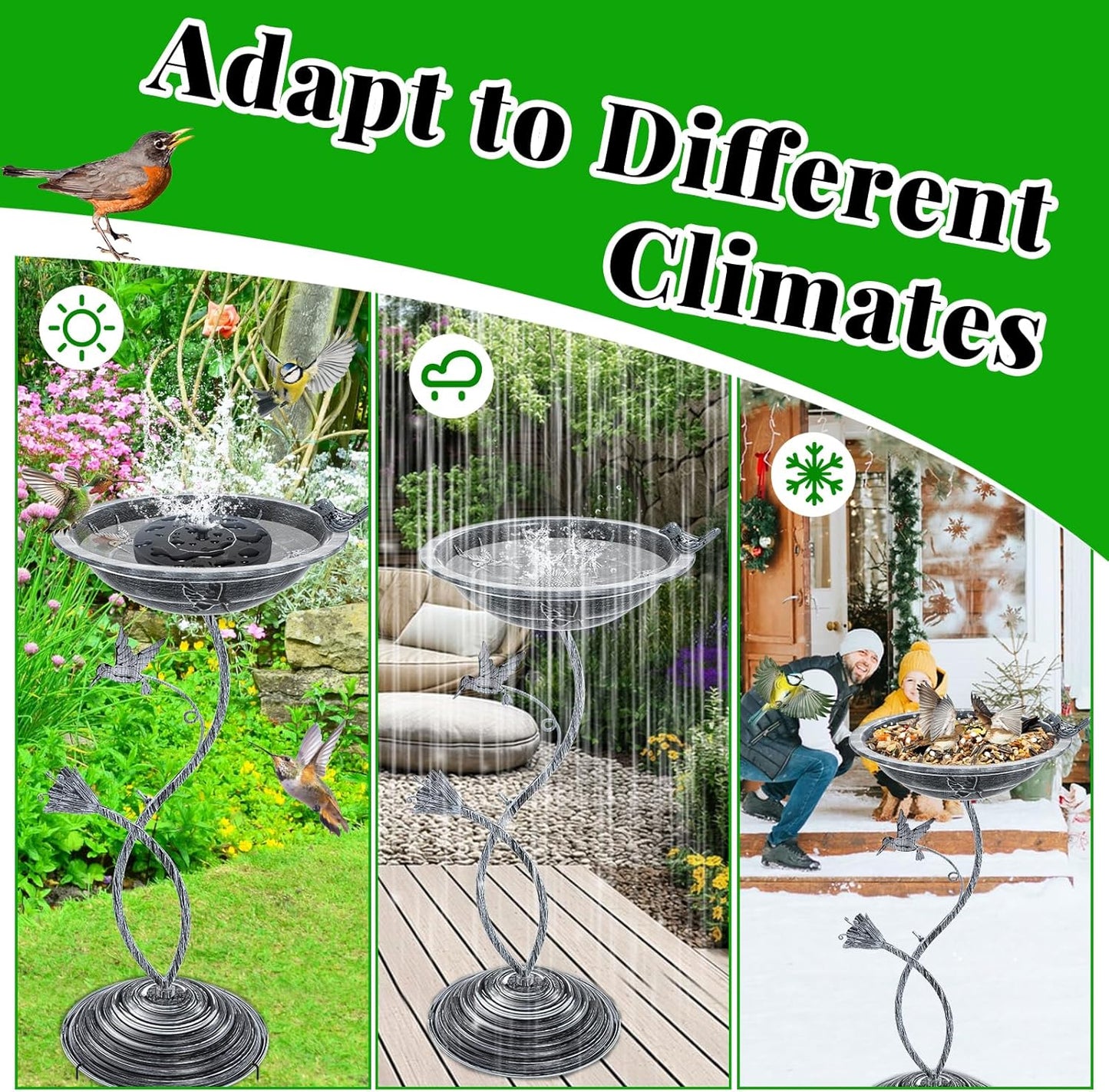 Bird Bath Garden for Outside, Vintage Metal Birdbaths Bowl with Roman Pedestal for Outdoors, Standing Bird Bath Bowl Birdfeeder for Yard Lawn Decor (Vintage Silver - Hummingbird)