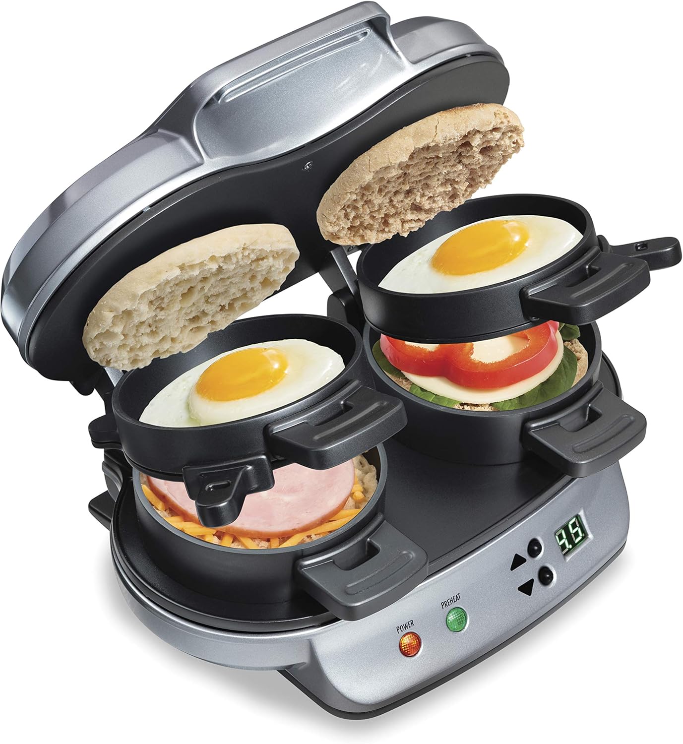 Hamilton Beach Dual Breakfast Sandwich Maker with Timer, Ready in 5 Mi