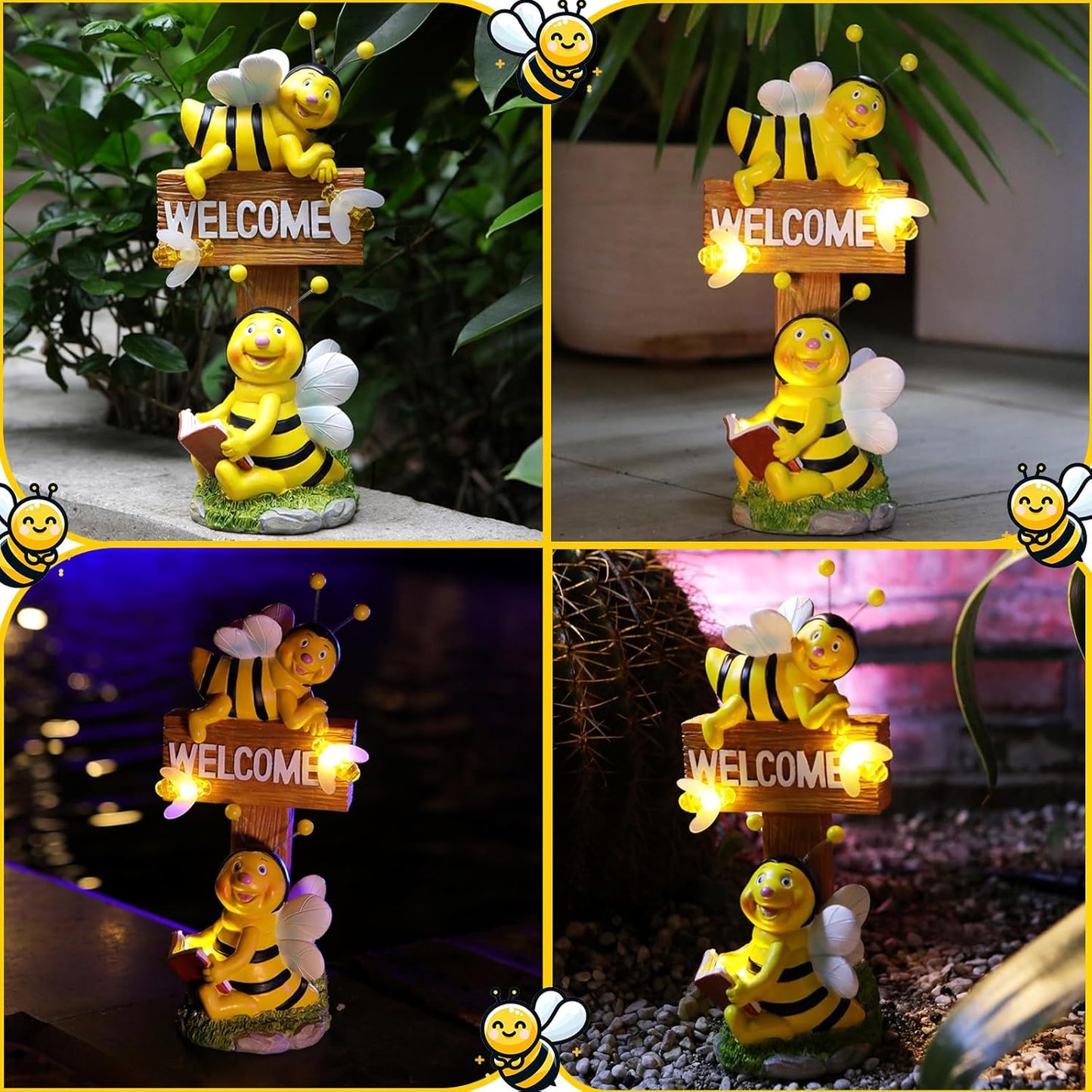 AVEKI Solar Garden Bee Statues Outdoor Decor Welcome Board Porch Decorations with Solar Light Waterproof Garden Decor for Yard Art Lawn Patio Balcony Women Garden Gifts for Mom Grandma
