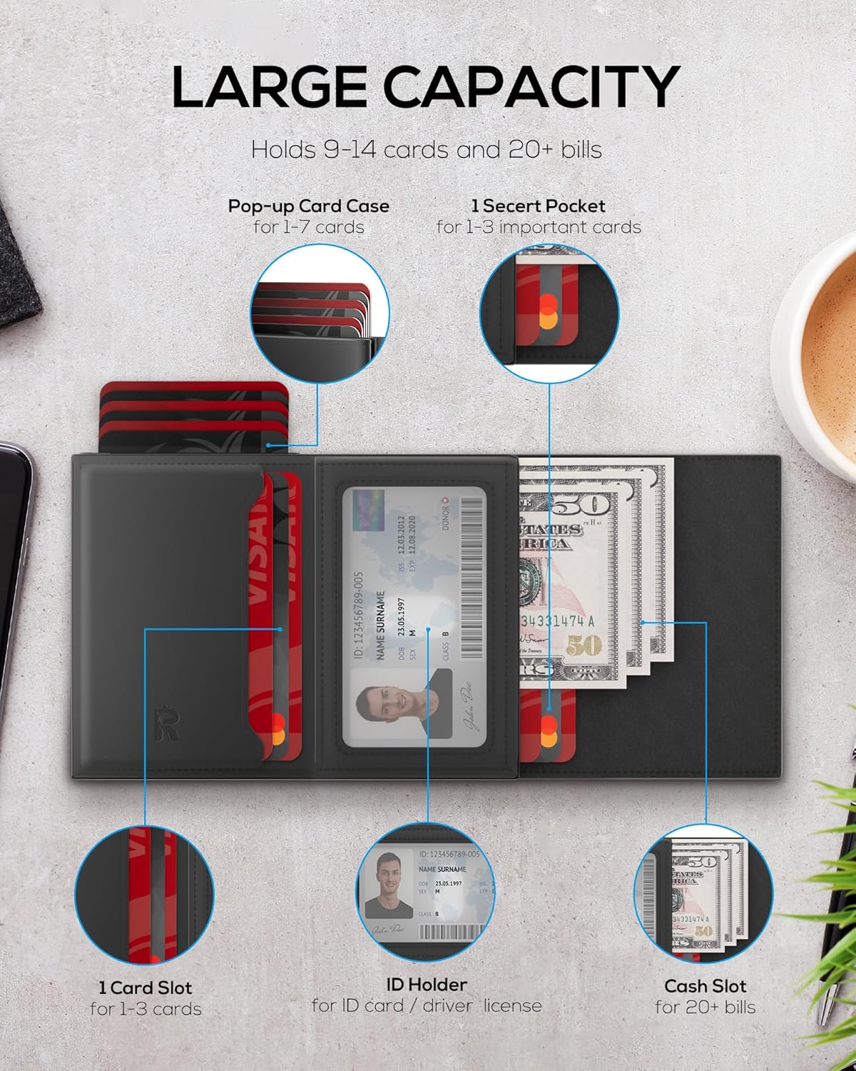 Mens Wallet Card Holder - Smart Wallet for Men, Pop Up Card Case, Top 