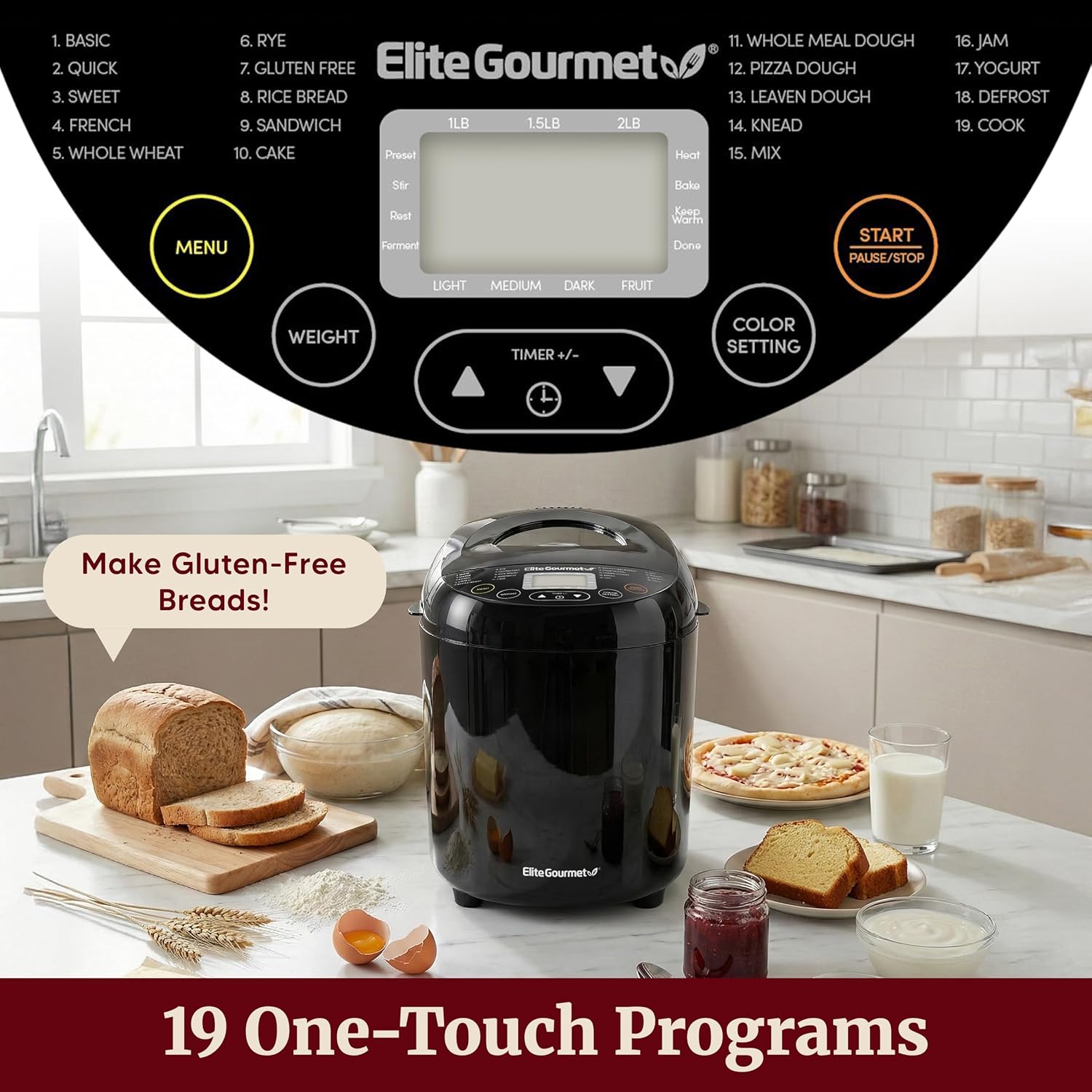 Elite Gourmet Programmable Bread Maker, 2 lb Loaf, 3 Sizes, 19 Presets