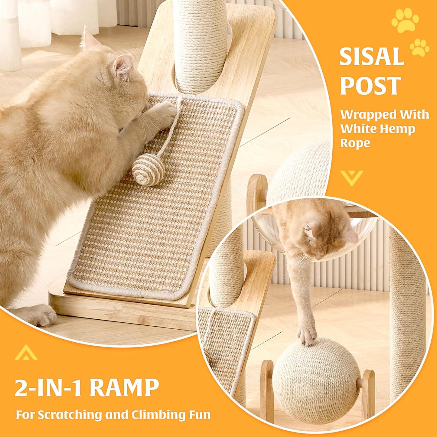 HITTITE Solid Wood Cat Tree Tower with Scratching Post, 37.8 Inches Ta