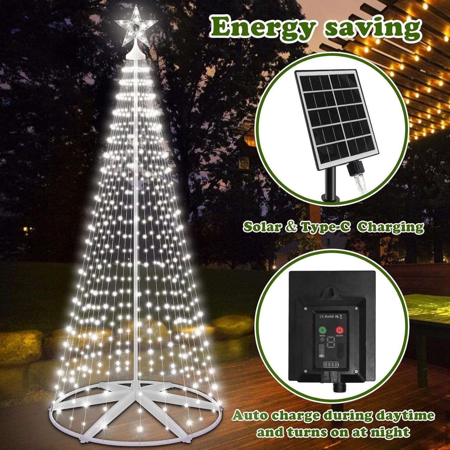 Outdoor Solar Christmas Cone Tree Lights, 8ft 444 LED Christmas Tree LightShow with 8 Modes Timer Remote, Lighted Artificial Tree USB Charge for Xmas Yard Porch Patio Party Holiday Decor, Cold White