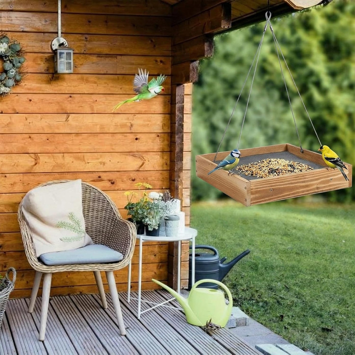 2 Pcs Wooden Platform Bird Feeder Tray for Outdoor Hanging Bird Feeder with Mesh Tray for Wild Birdfeeding Mealworm Outside Garden Backyard