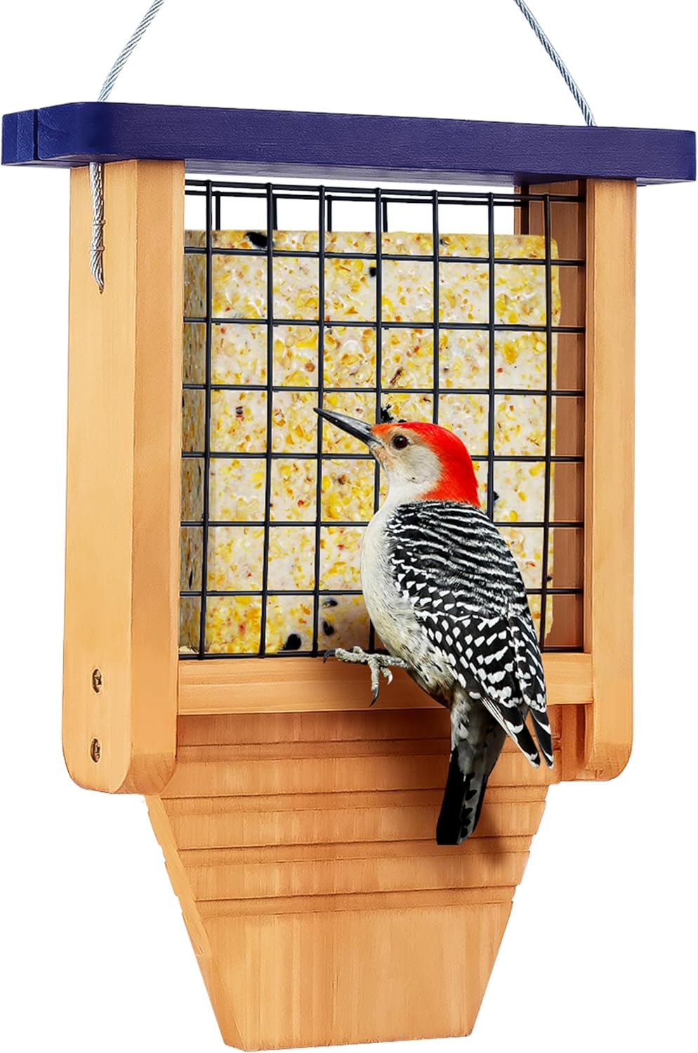 Wooden Suet Bird Feeder for Outside Hanging, Woodpecker Suet Feeder with Tail Prop, Hanging Bird Feeder for Wild Birds, 1 Pack, Blue