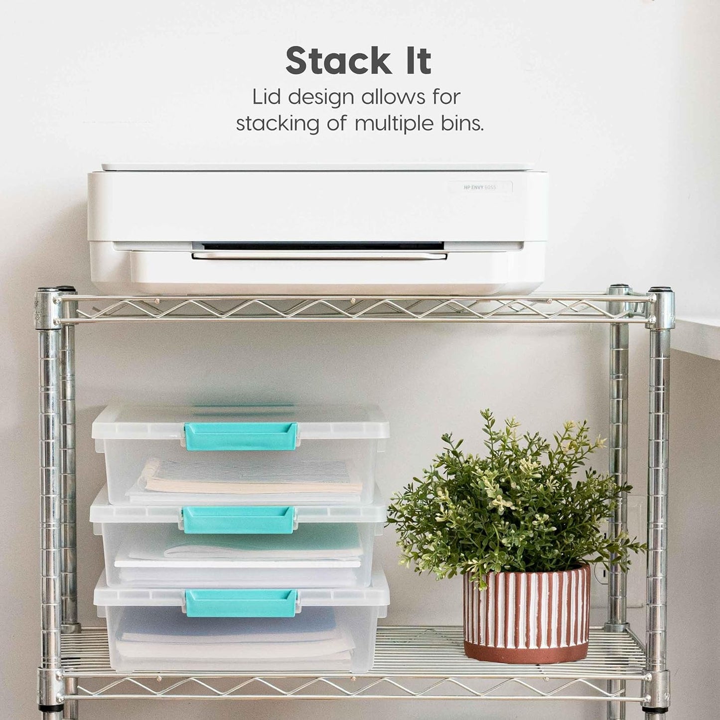 IRIS USA 6 Qt. Craft Storage Bins with Lids, 4-Pack, |Made in USA|, Clip Box, Small Plastic Sensory Bin Tote Organizer Containers for Art Supplies, Paper, & Office, Stackable - Clear/Seafoam Blue