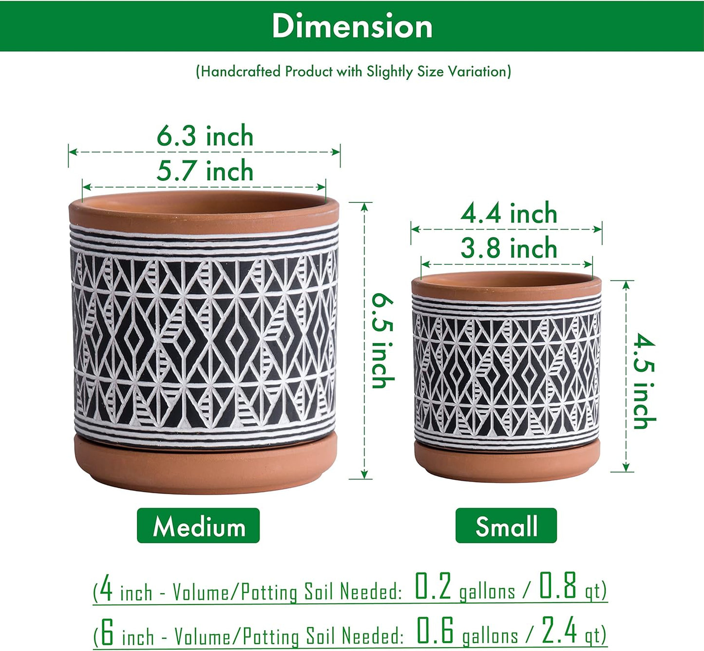 D'vine Dev Set of 2 Terracotta Pots, Diamond Pattern Planter Pot, 4 Inch and 6 Inch, Pot with Drainage Hole and Saucer, Terracotta/Black, 31-958-G-2