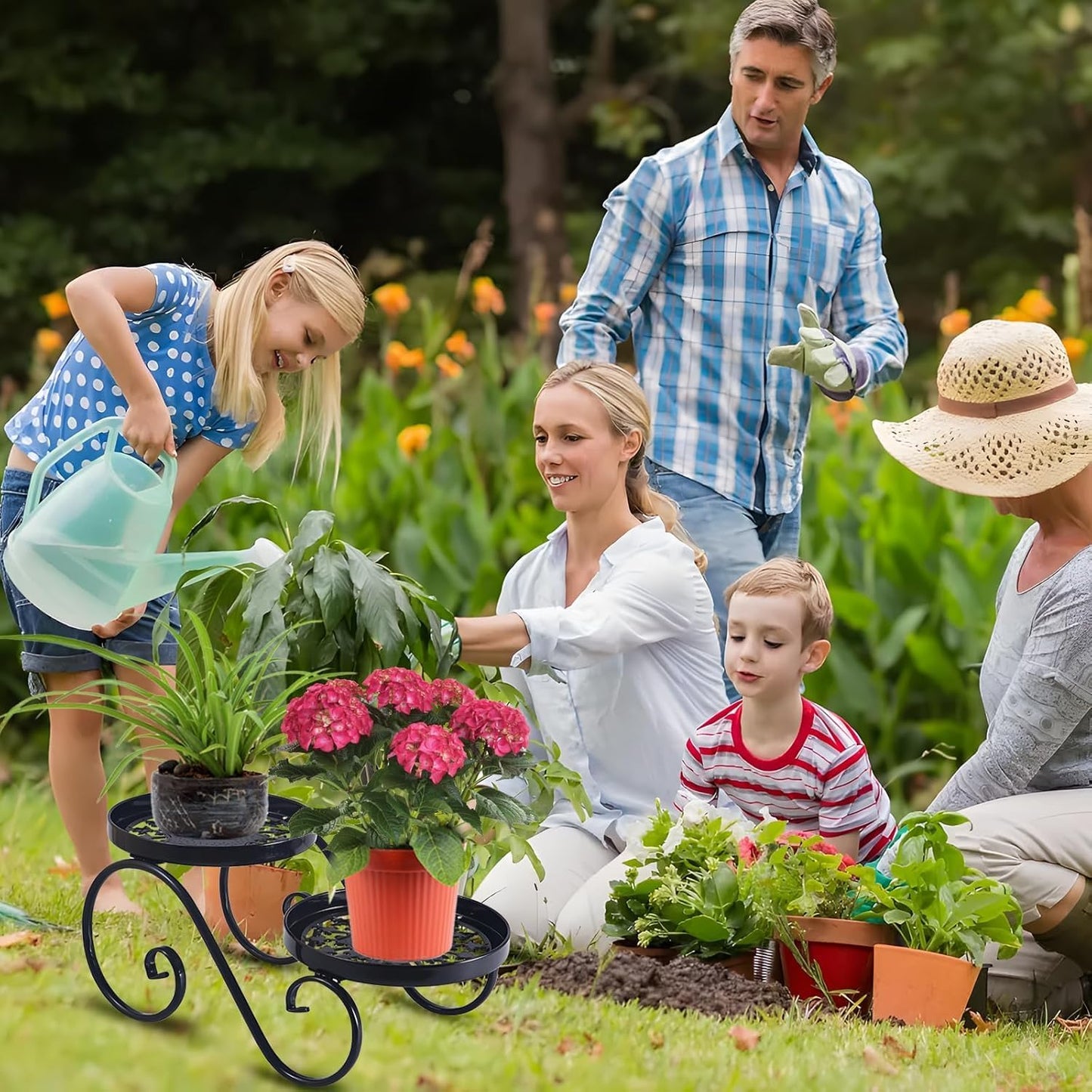 2 Tier Black Plant Stand, Metal Flower Stand Indoor Outdoor, Anti-Rust
