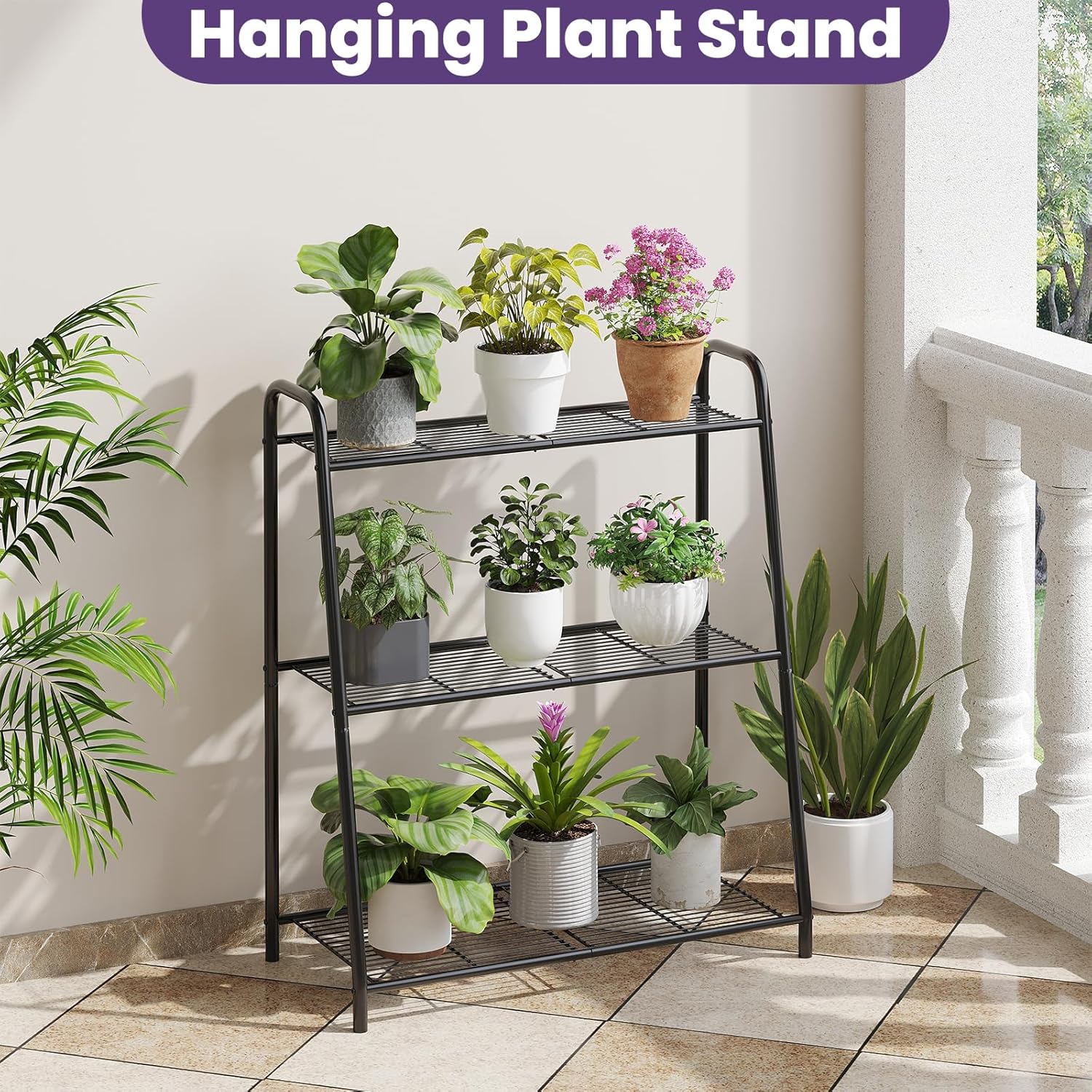 3-Tier Corner Plant Stand, Metal Black Flower Pot Rack, Indoor Outdoor