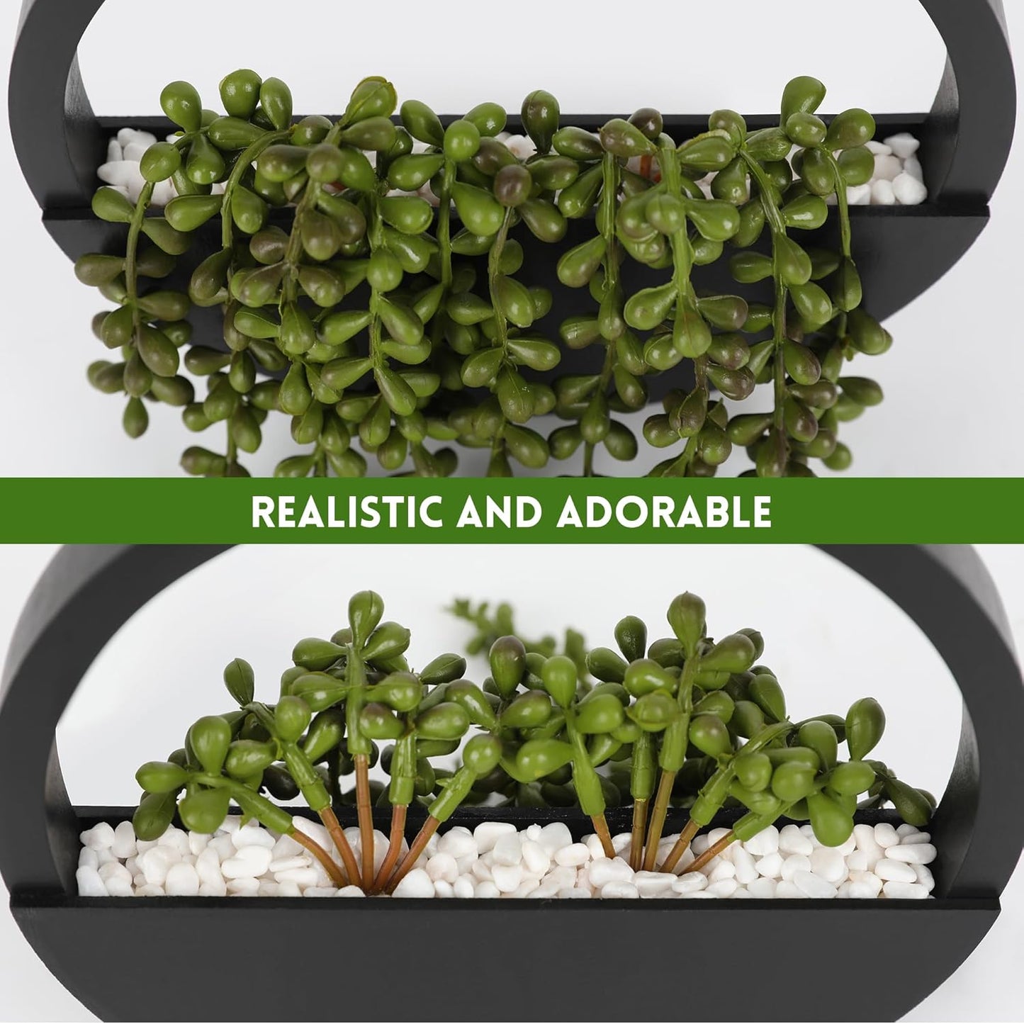 Floweroyal 2pcs Artificial Succulents Hanging Plants 12.2'' Fake String of Pearls in Pot with 8.3'' Lanyard for Indoor Outdoor Wall Decor (Black).