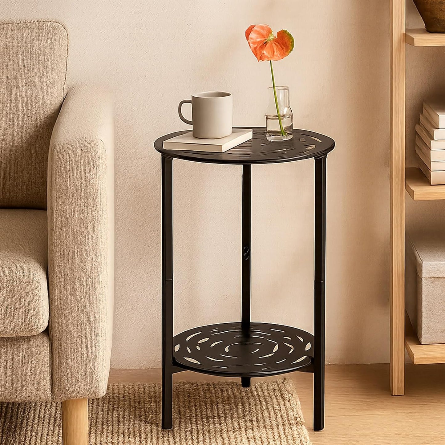2-Tier Metal Round Side Table Black Accent Coffee Tables Small Space C