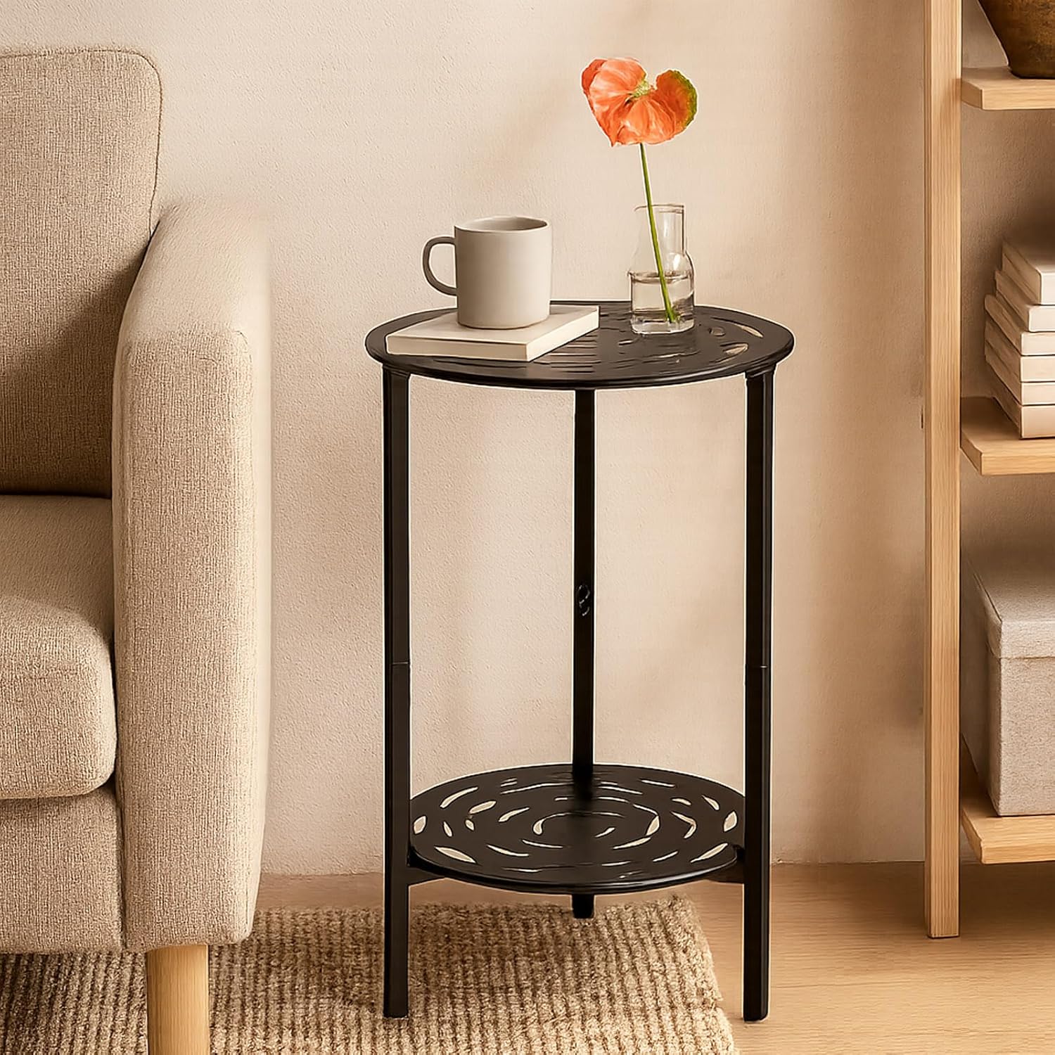 2-Tier Metal Round Side Table Black Accent Coffee Tables Small Space C