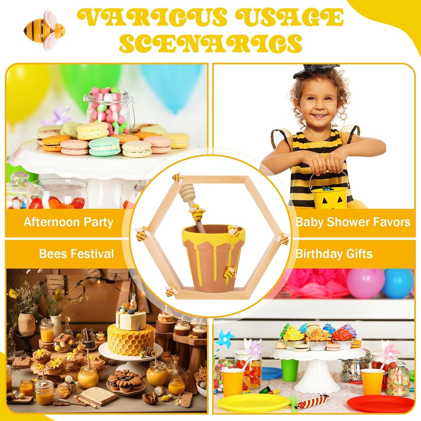 12 Set Ceramic Mini Honey Bee Pots with Honeycomb Stand Dippers Bee Charms Cupcake Planter Hexagon Display Holder Honey Party Favors for Baby Shower Guests Wedding Birthday Party Decor