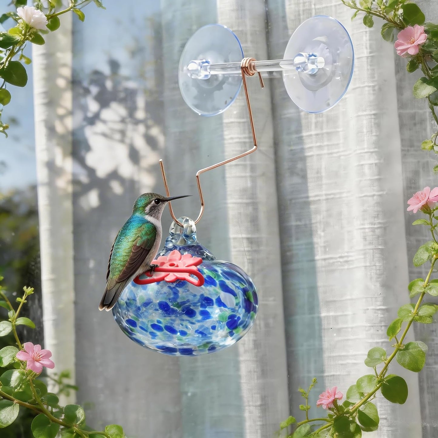 3inch Blown Glass Hummingbird Feeder with Suction Cups for Outdoor Glass Humming Bird Feeders with Hooks Garden Patio Decoration Gifts for Bird Lovers