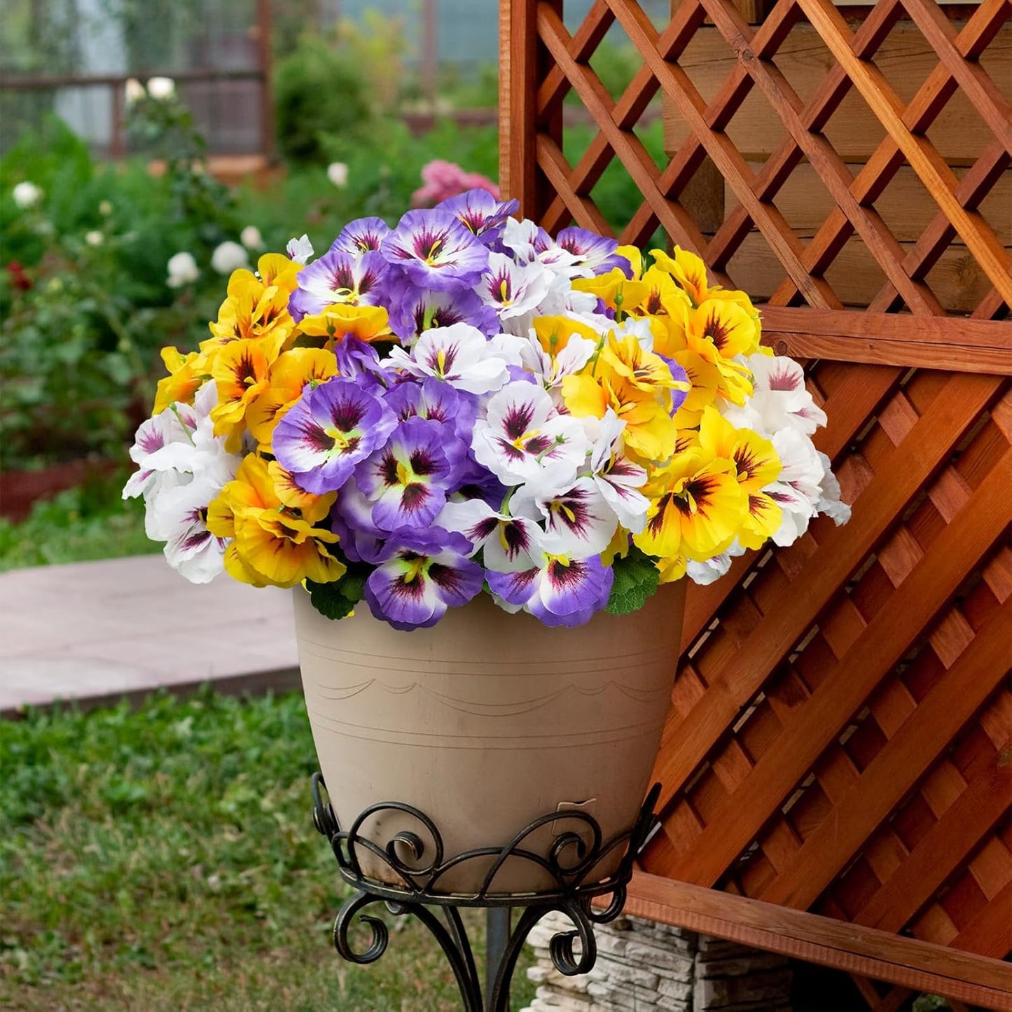 Artificial Flowers for Outdoor, 9 Bundles Silk Faux Pansies Fowers,UV Resistant Fake Pansy Flowers for Outdoor Planters Home Garden Office Patio Front (Yellow/Purple/White)