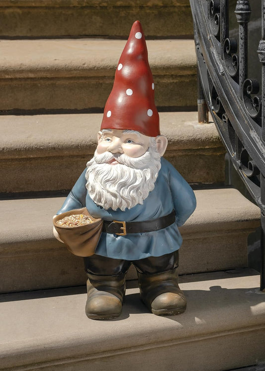 Roman, 24.25" H Gnome Bird Feeder, Whimsical Garden Statues, Outdoor D