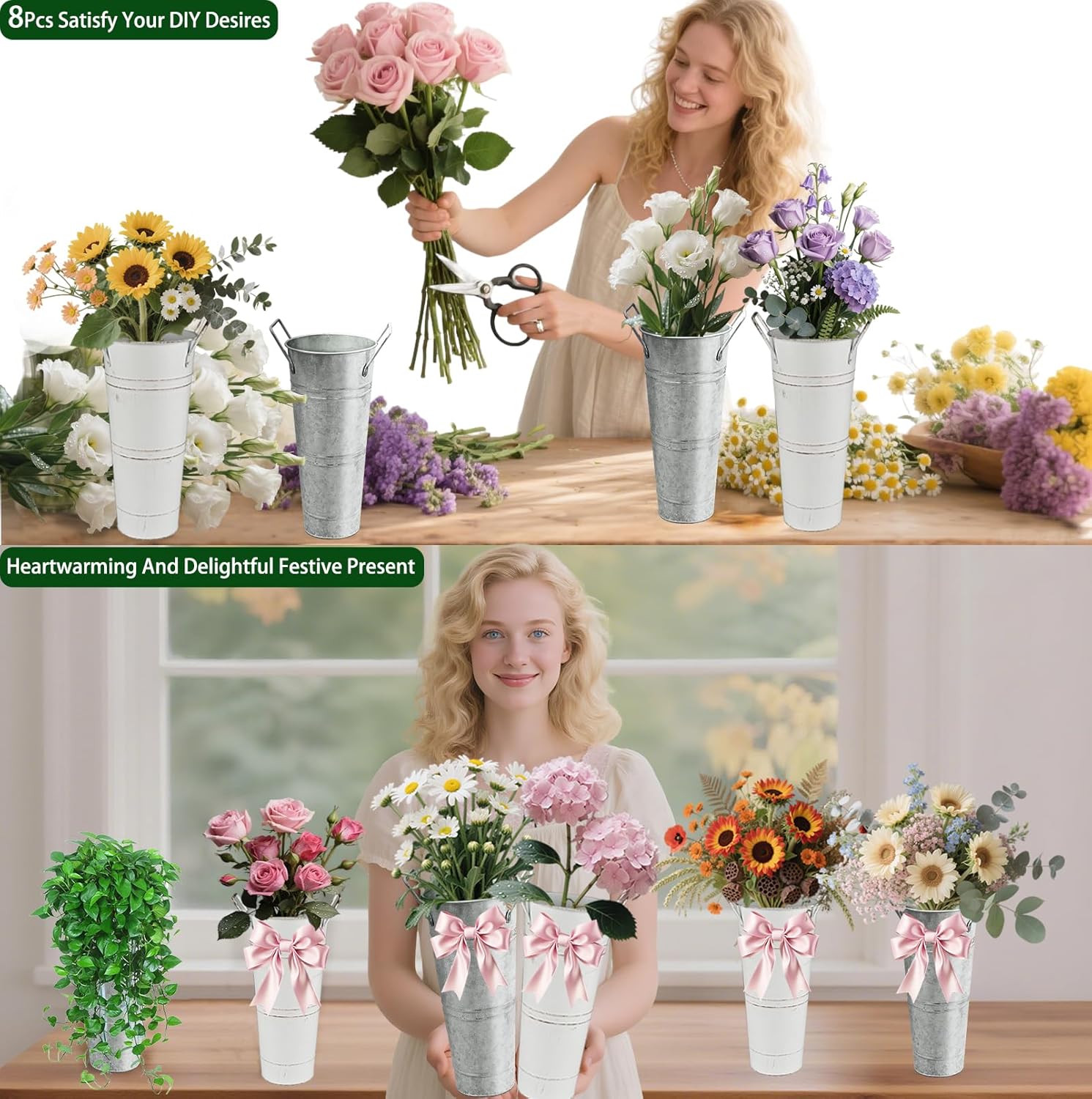 9 Inch White Metal Flower Buckets with Handles,8Pcs Tall Galvanized Va