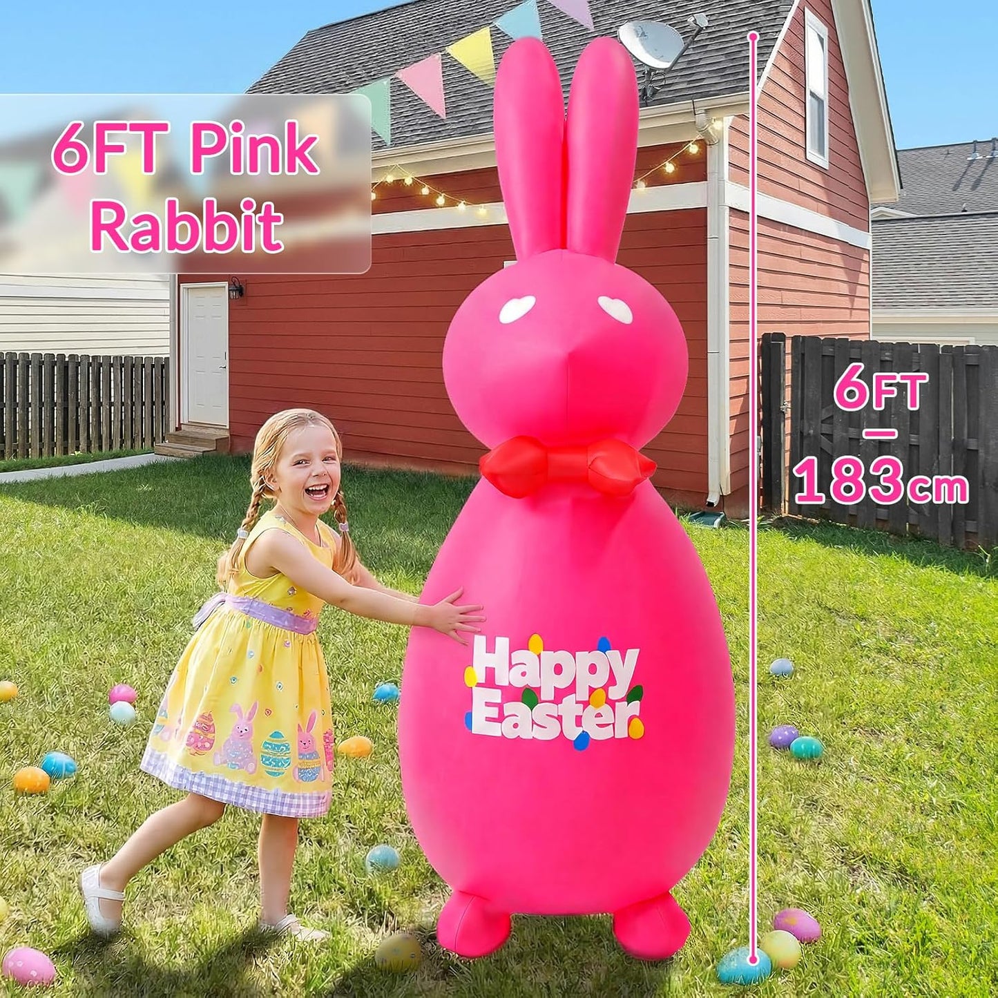 6FT Easter Inflatable Bunny Outdoor Decoration, Giant Pink Blow Up Rabbit with LED Lights, Easter Yard Decor for Lawn Garden Patio, Holiday Party Inflatables with Stakes & Tethers